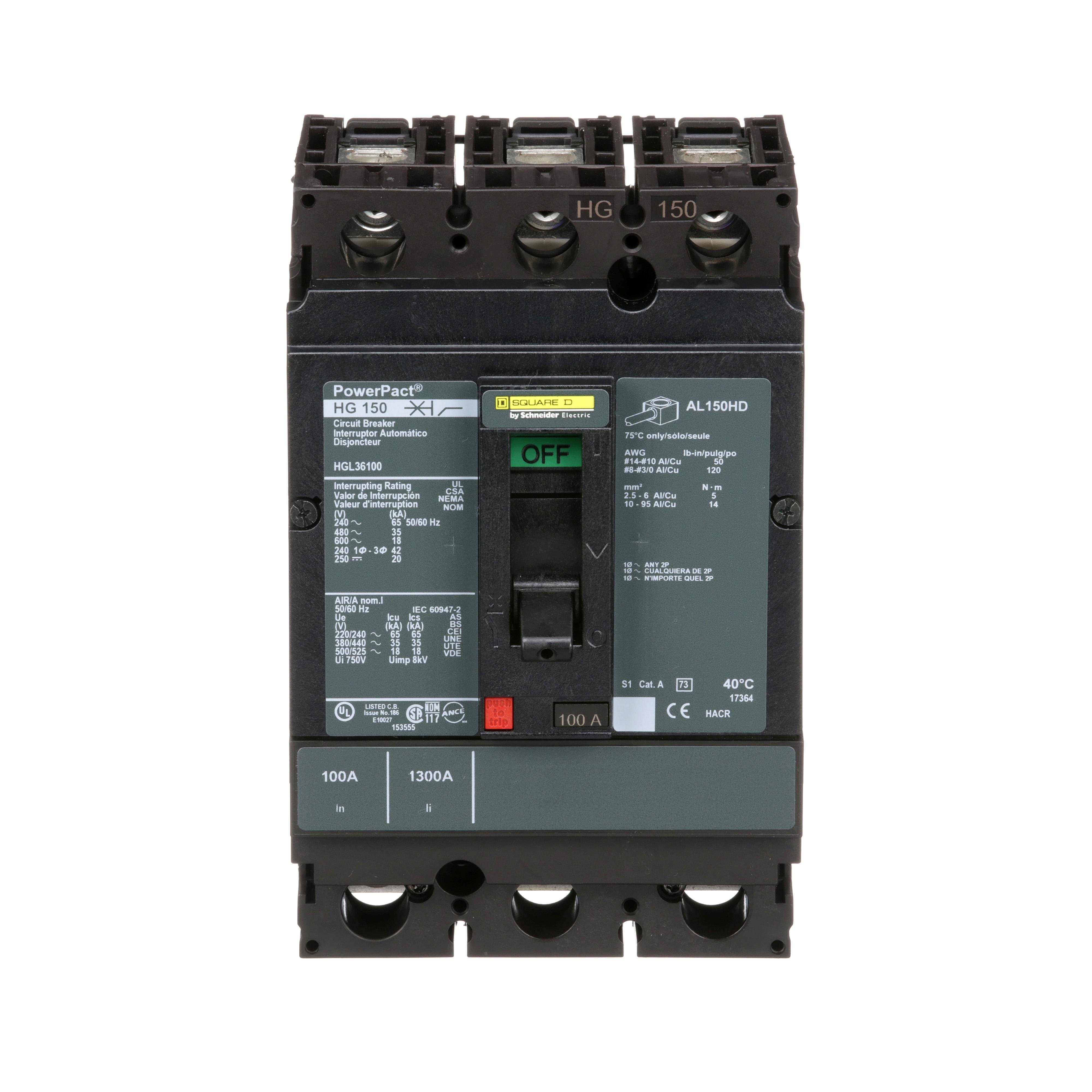 Picture of HGL36100 - Circuit breaker, PowerPacT H, 100A, 3 pole, 600VAC, 18kA, lugs, thermal magnetic, 80%