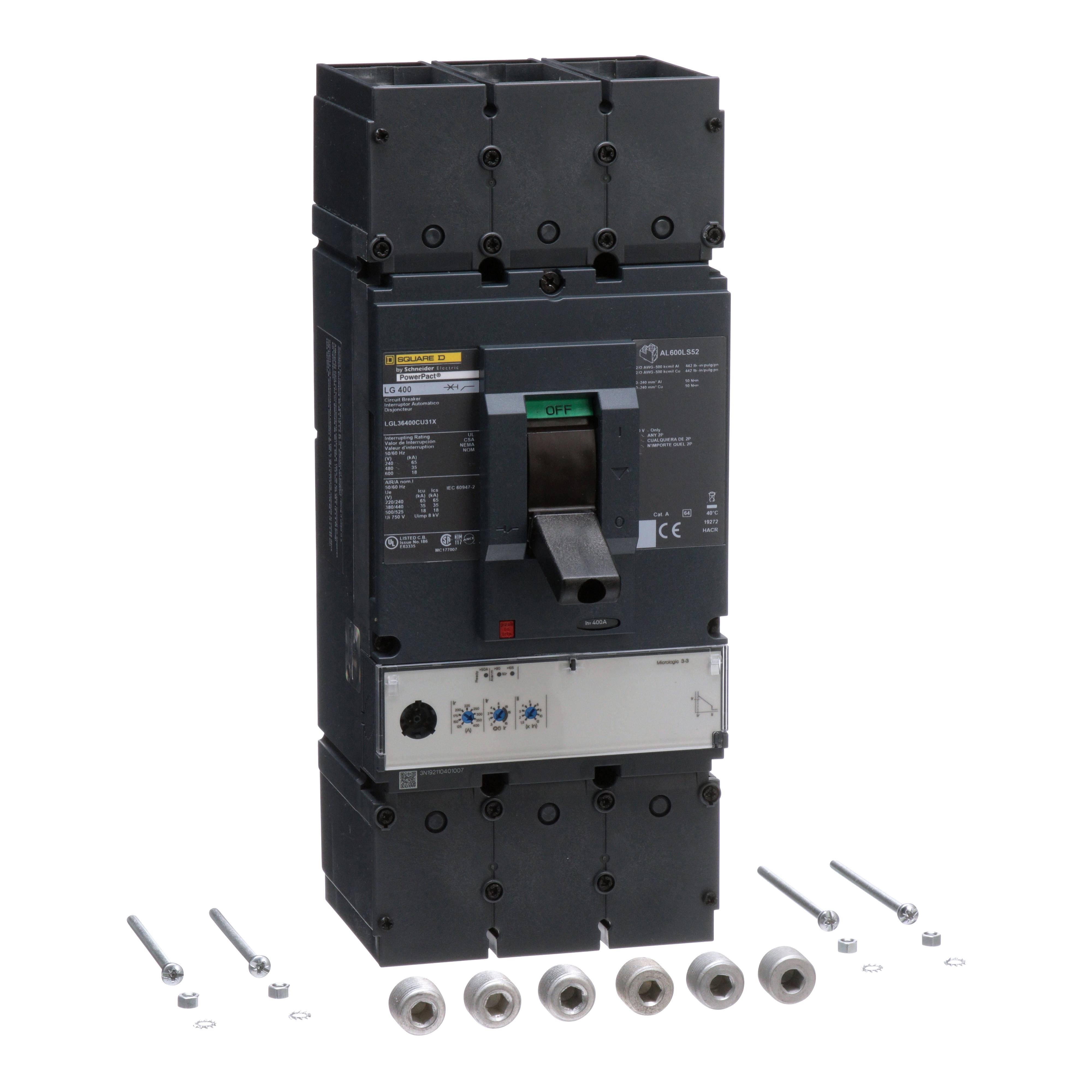 LGL36400CU31X - Circuit breaker, PowerPacT L, 400A, 3 pole, 600VAC, 18kA, lugs, MicroLogic 3.3, 100%