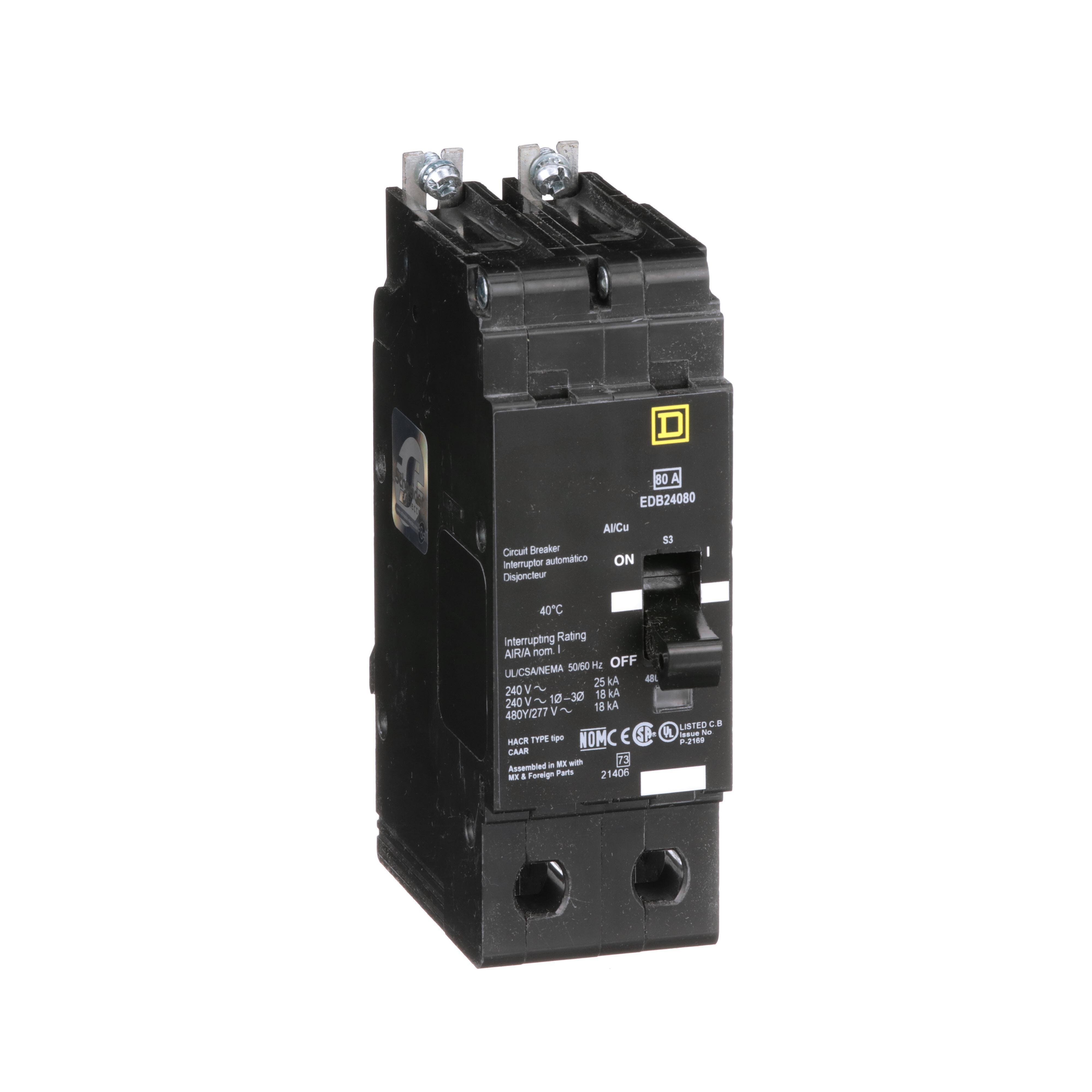 Picture of EDB24080 - Mini circuit breaker, E-Frame, 80A, 2 pole, 480Y/277VAC, 25kA max, bolt on [TAA]