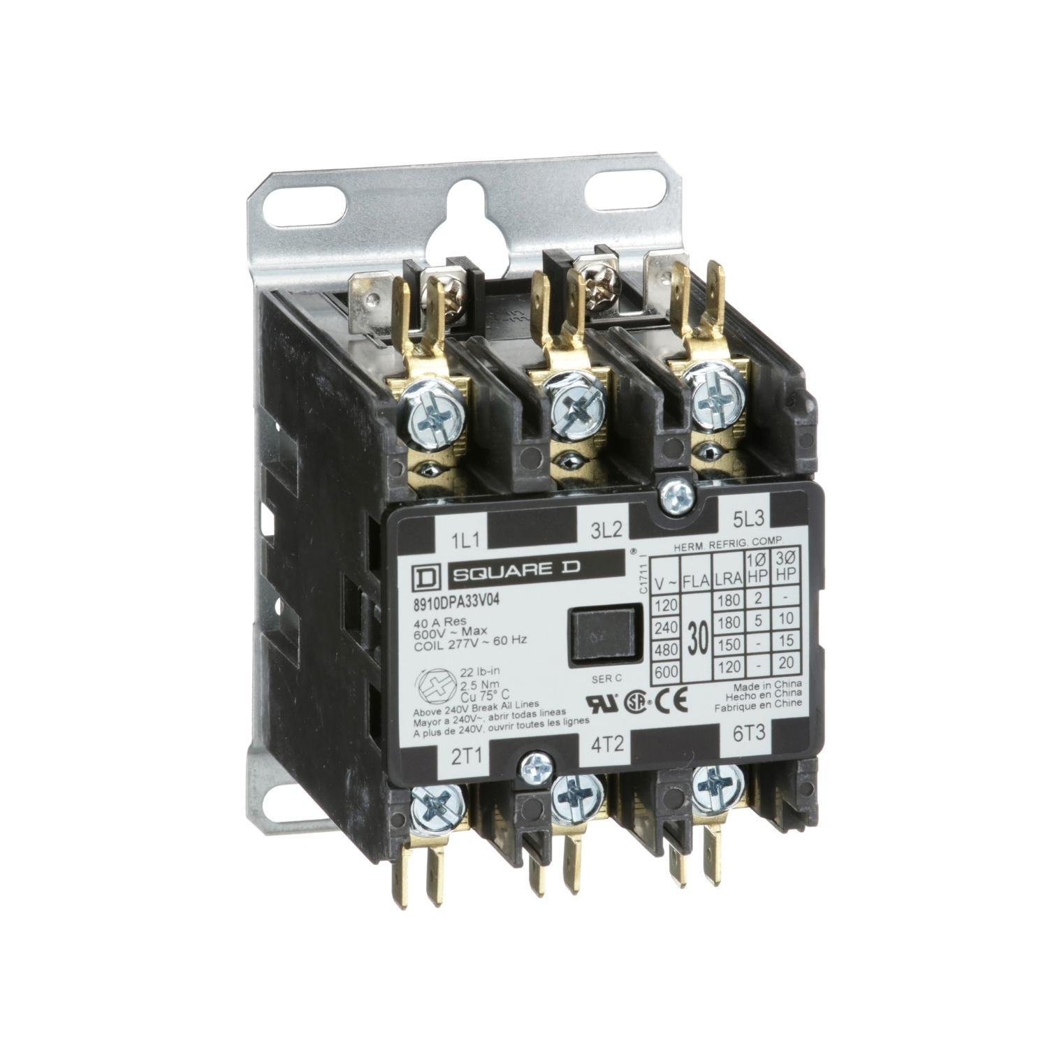 8910DPA33V04 - Contactor, Definite Purpose, 30A, 3 pole, 20HP at 575VAC, 3 phase, 277VAC 60Hz coil, open