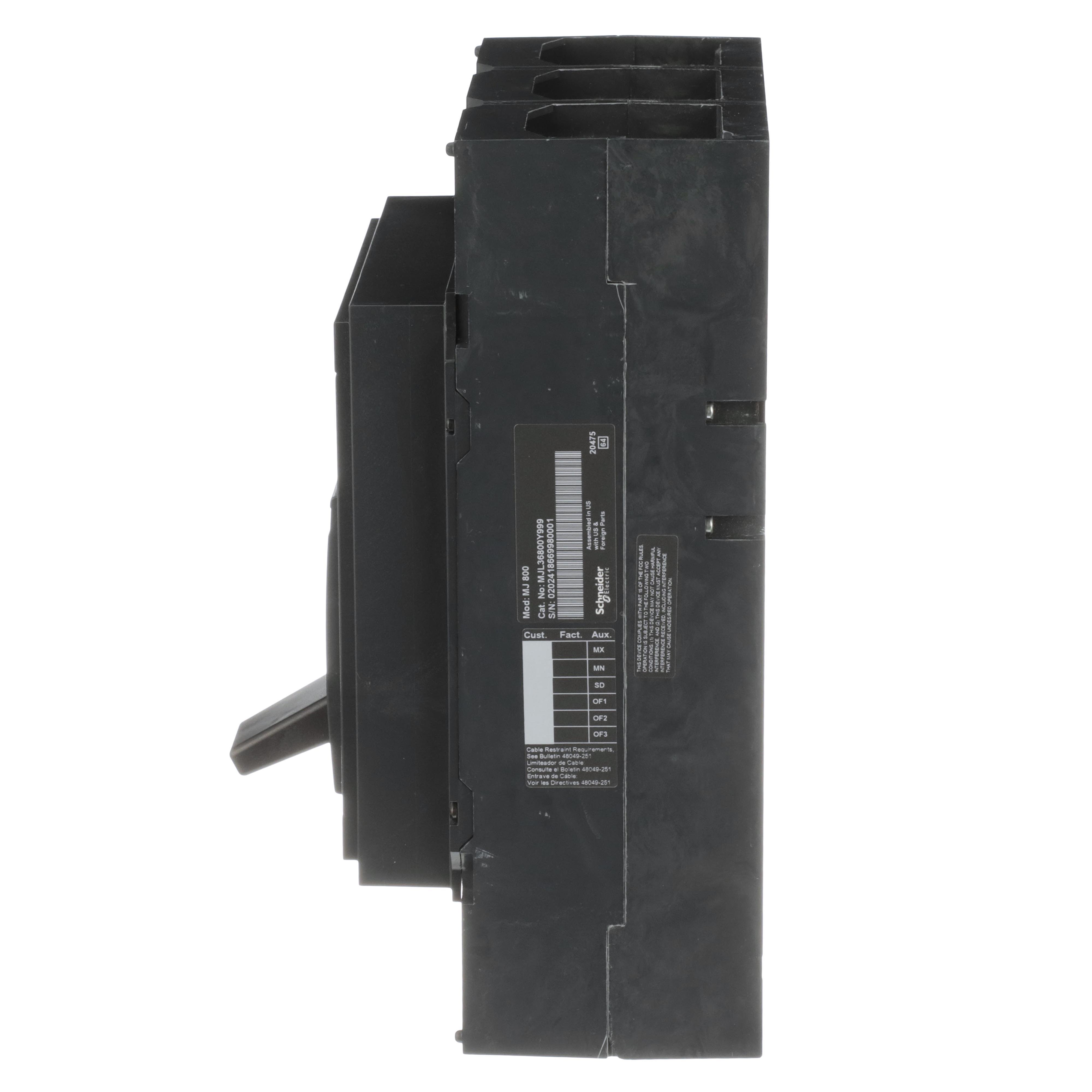 Picture of MGL36800E10 - Circuit breaker, PowerPacT M, 300A to 800A, 3 pole, 600VAC, 18kA, lugs, adjustable trip, 80%