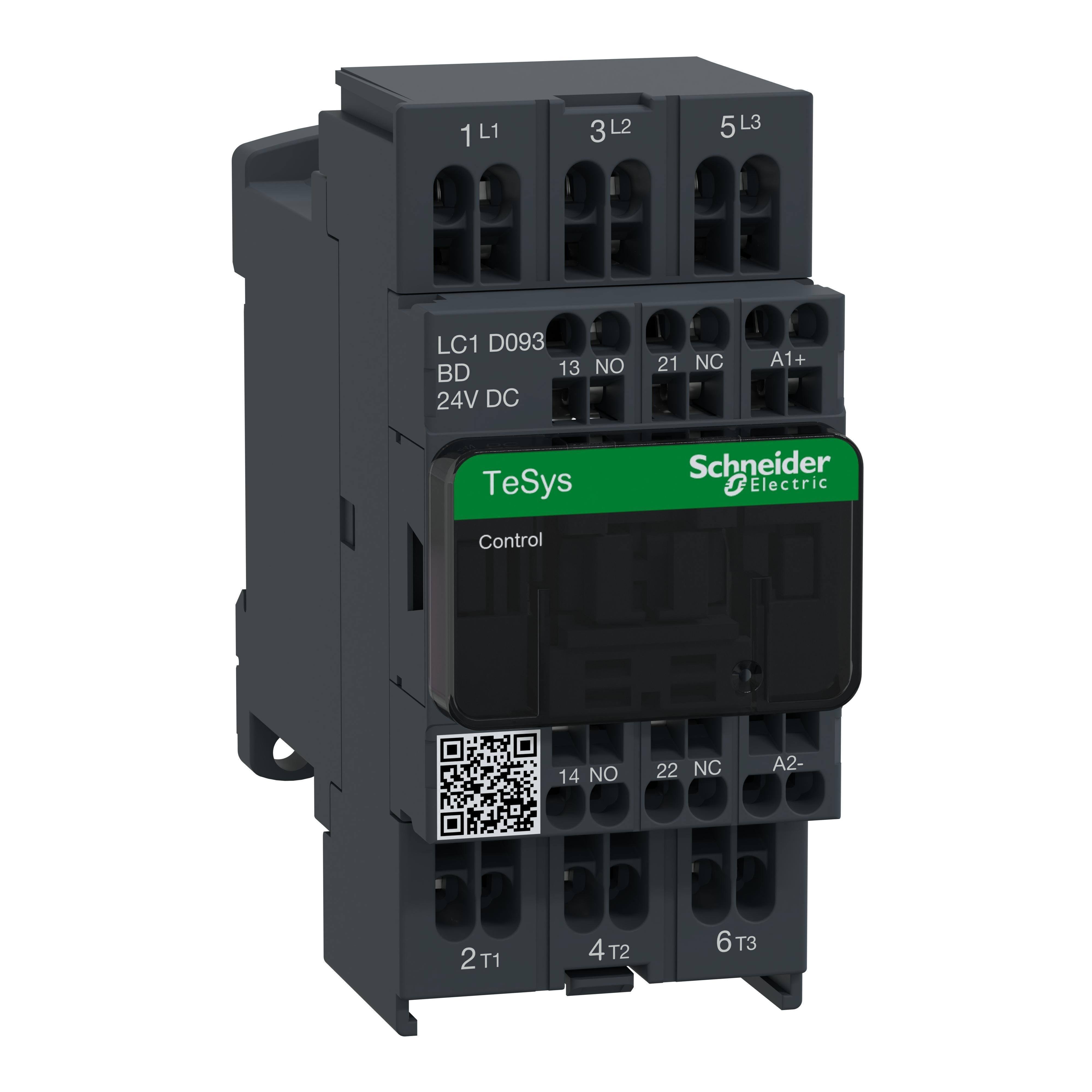 Picture of LC1D093BD - IEC contactor, TeSys Deca, nonreversing, 9A, 5HP at 480VAC, 3 phase, 3 pole, 3 NO, 24VDC coil, open style