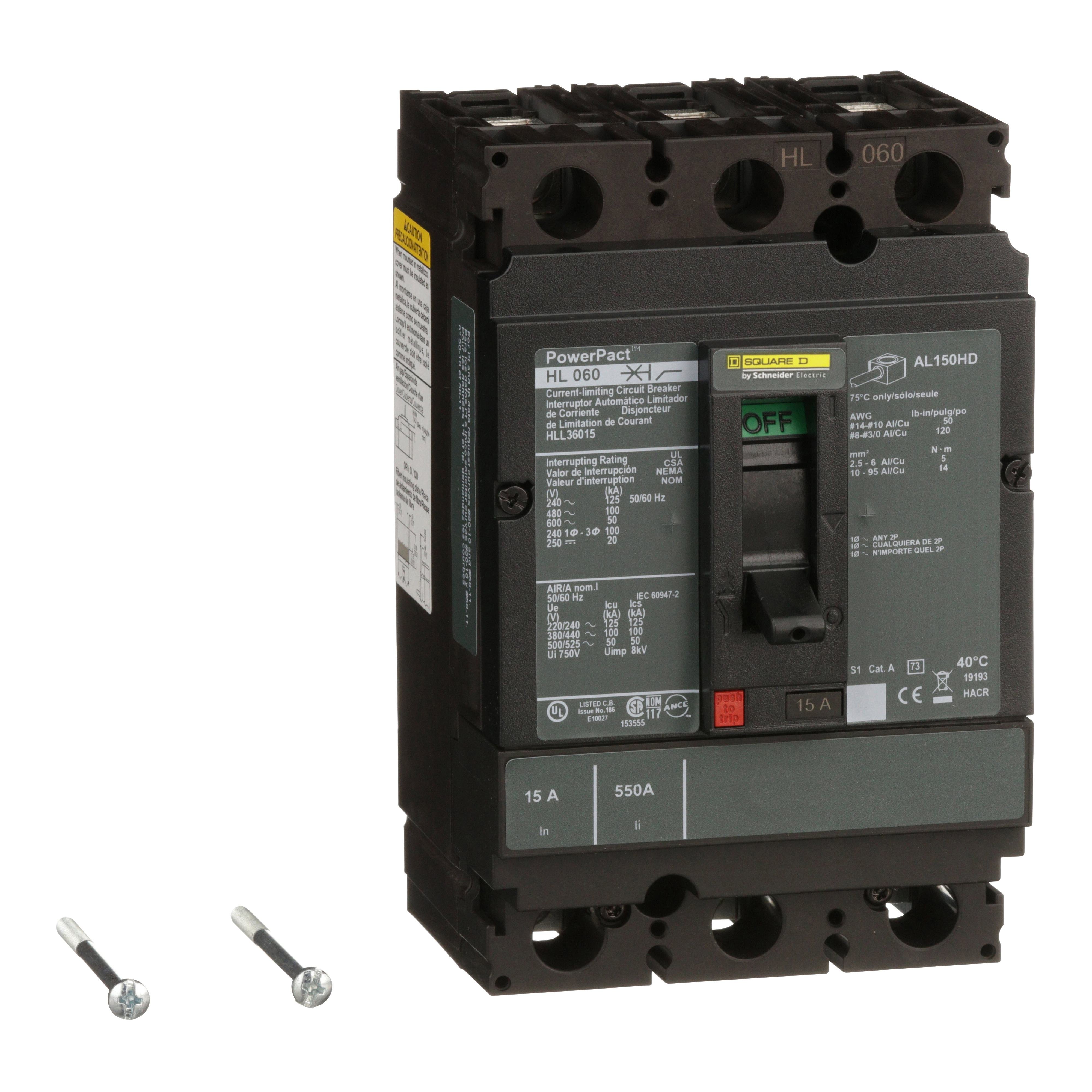 HLL36015 - Circuit breaker, PowerPacT H, 15A, 3 pole, 600VAC, 50kA, lugs, thermal magnetic, 80%