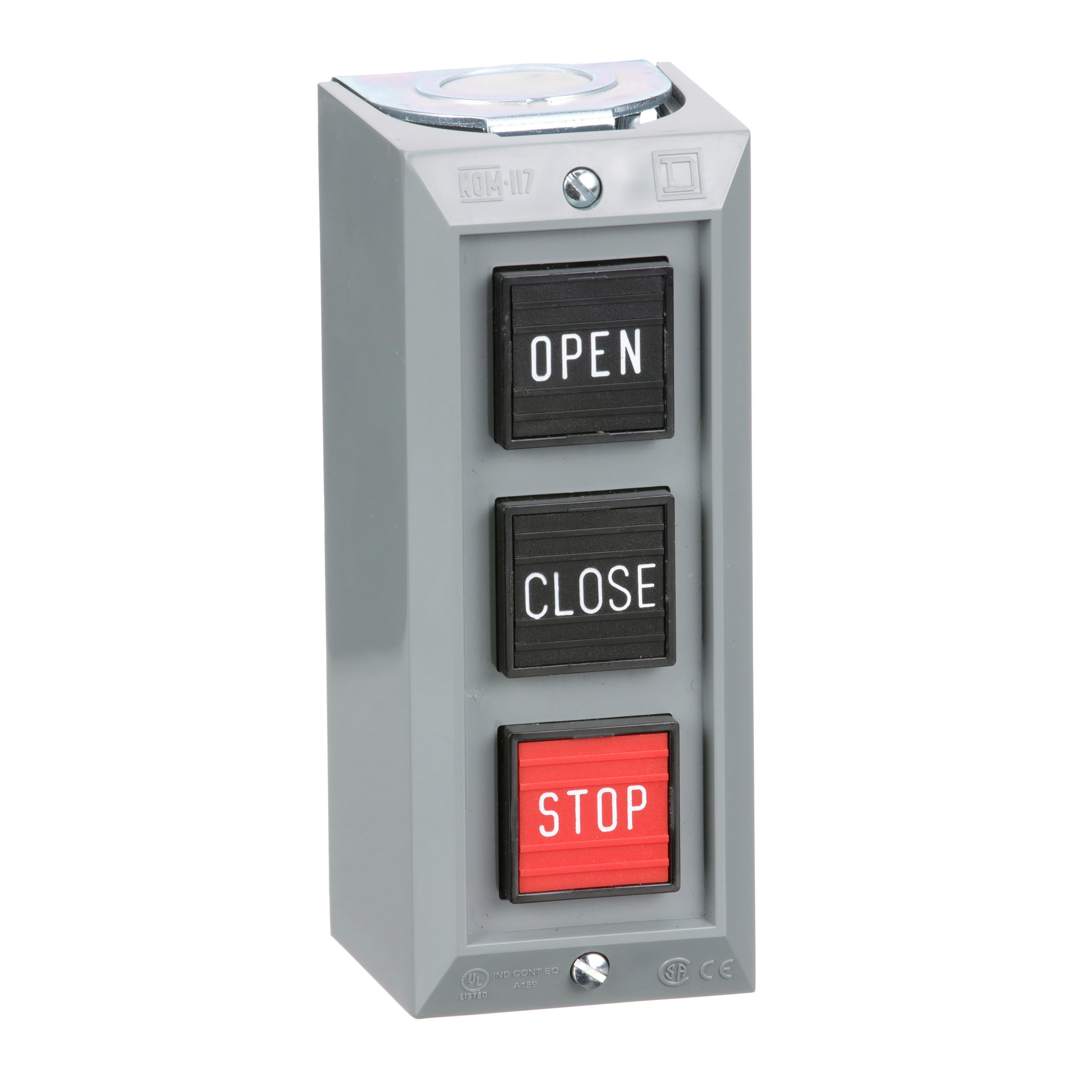 Picture of 9001BG303 - Complete control station, Harmony 9001B, 3 push buttons  OPEN-CLOSE-STOP, 5A, 600V AC, NEMA 1