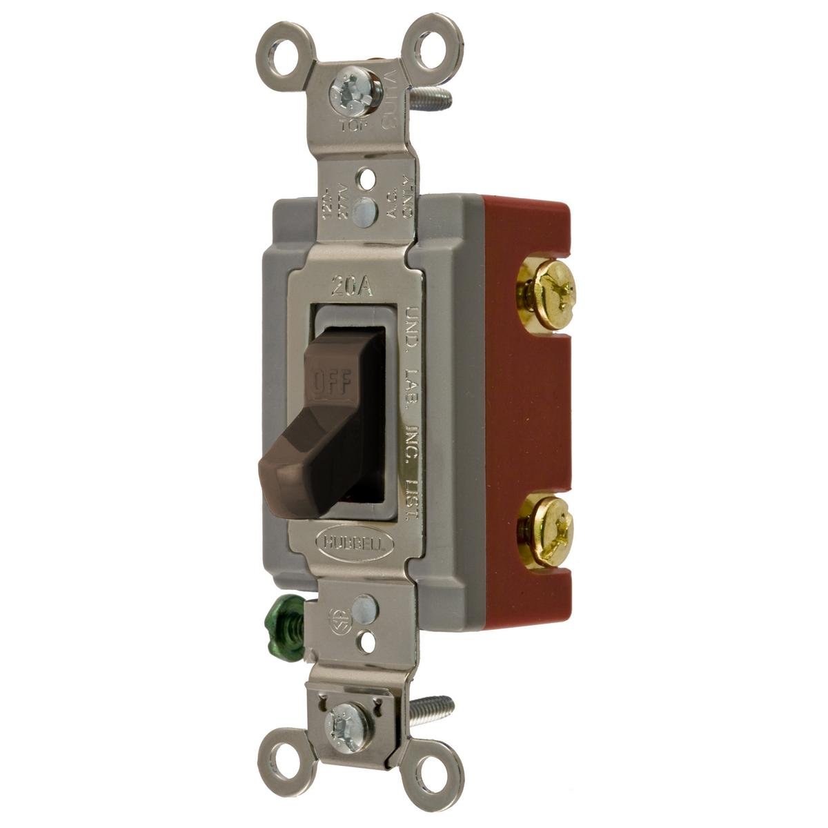 HBL1221 - Switches and Lighting Controls, Extra Heavy Duty Industrial Grade, Toggle Switches, General Purpose AC, Single Pole, 20A 120/277V AC, Back and Side Wired, Brown Toggle