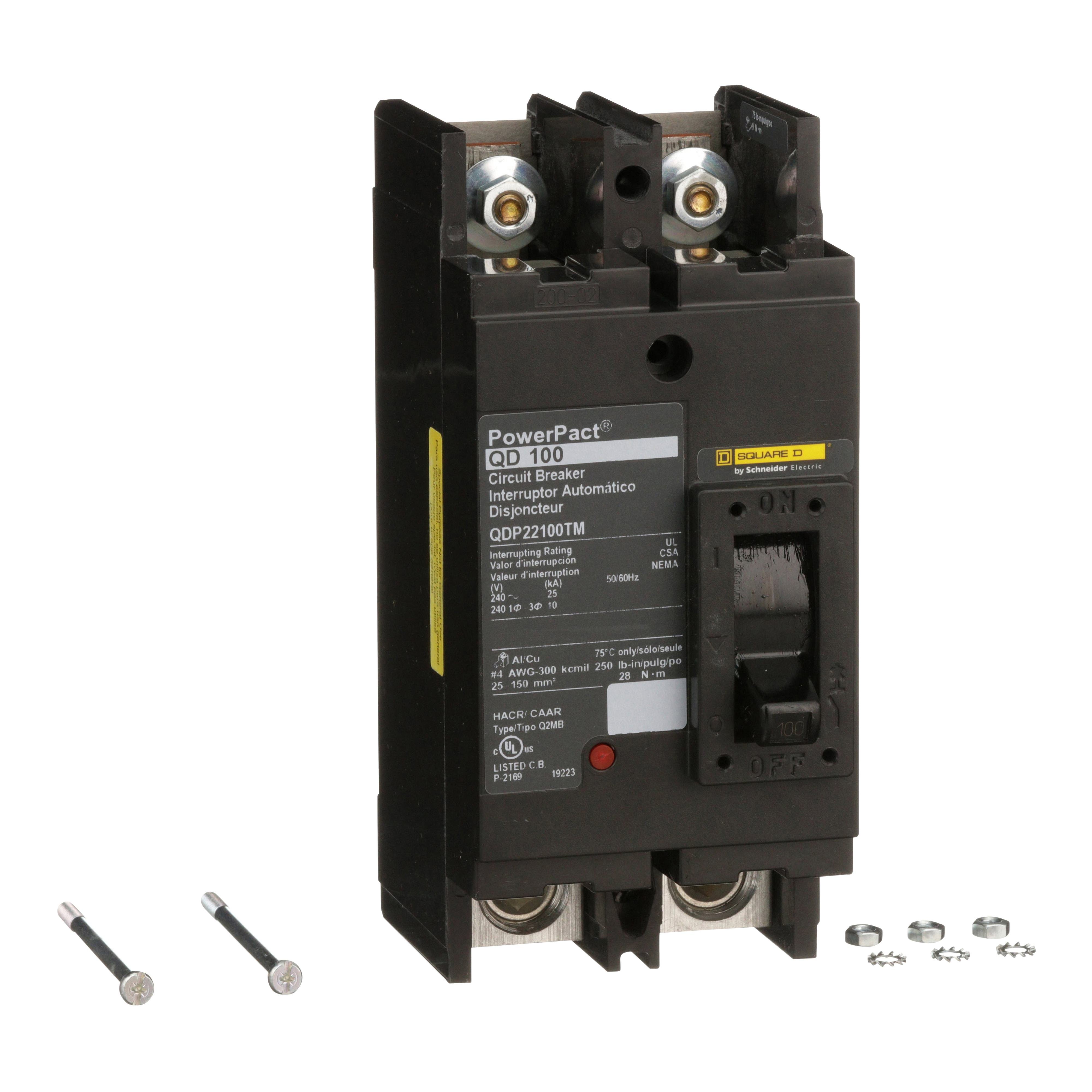 QDP22100TM - Circuit breaker, PowerPacT Q, 100A, 2 pole, 240VAC, 25kA, lugs, thermal magnetic, 80%, bottom of panel