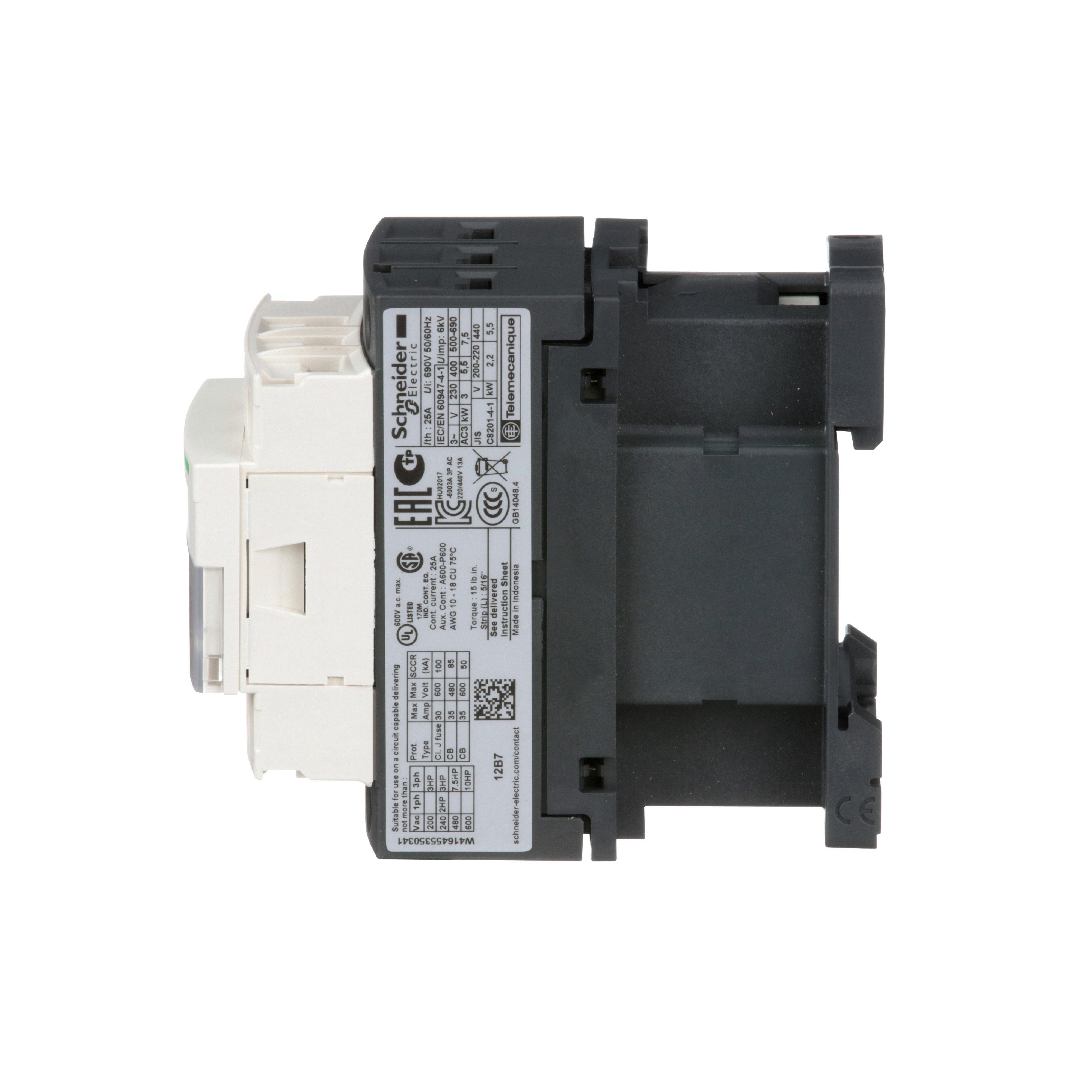 Picture of LC1D12B7 - IEC contactor, TeSys Deca, nonreversing, 12A, 7.5HP at 480VAC, up to 100kA SCCR, 3 phase, 3 NO, 24VAC 50/60Hz coil, open