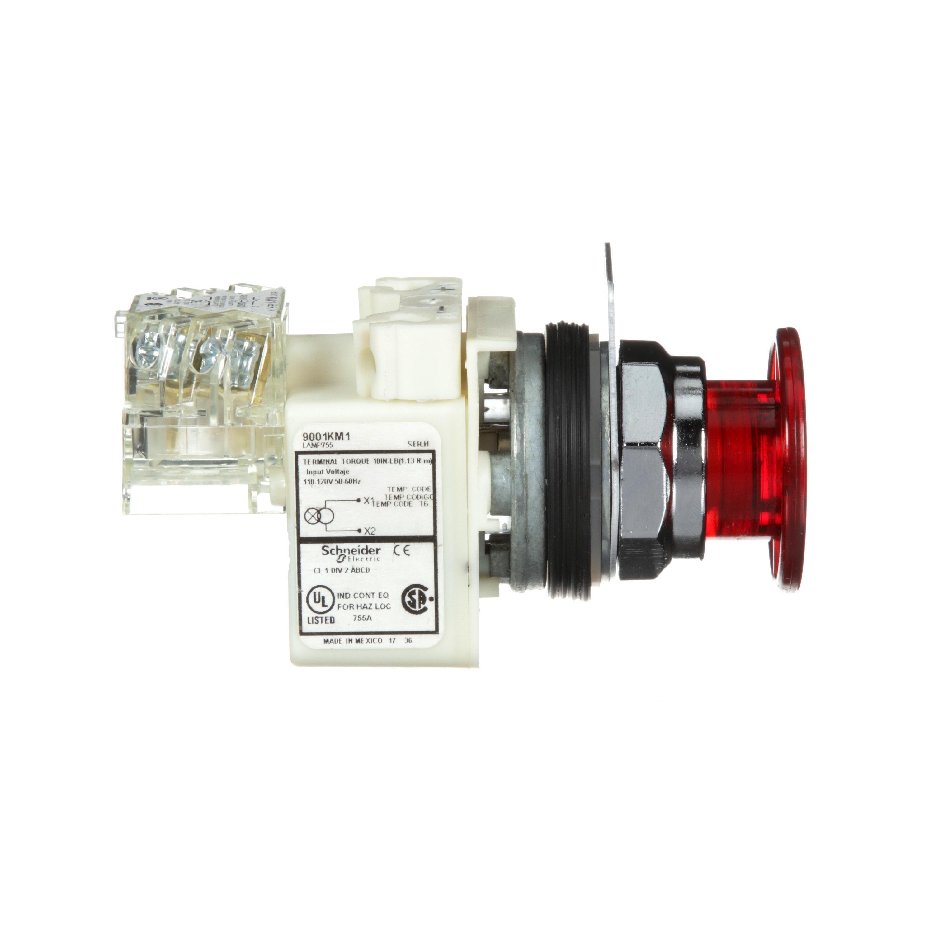 Picture of 9001KR9P1RH13 - 30mm Push Button, Type K, illuminated push pull operator, transformer, 120 VAC, red mushroom cap, 1 NO and 1 NC