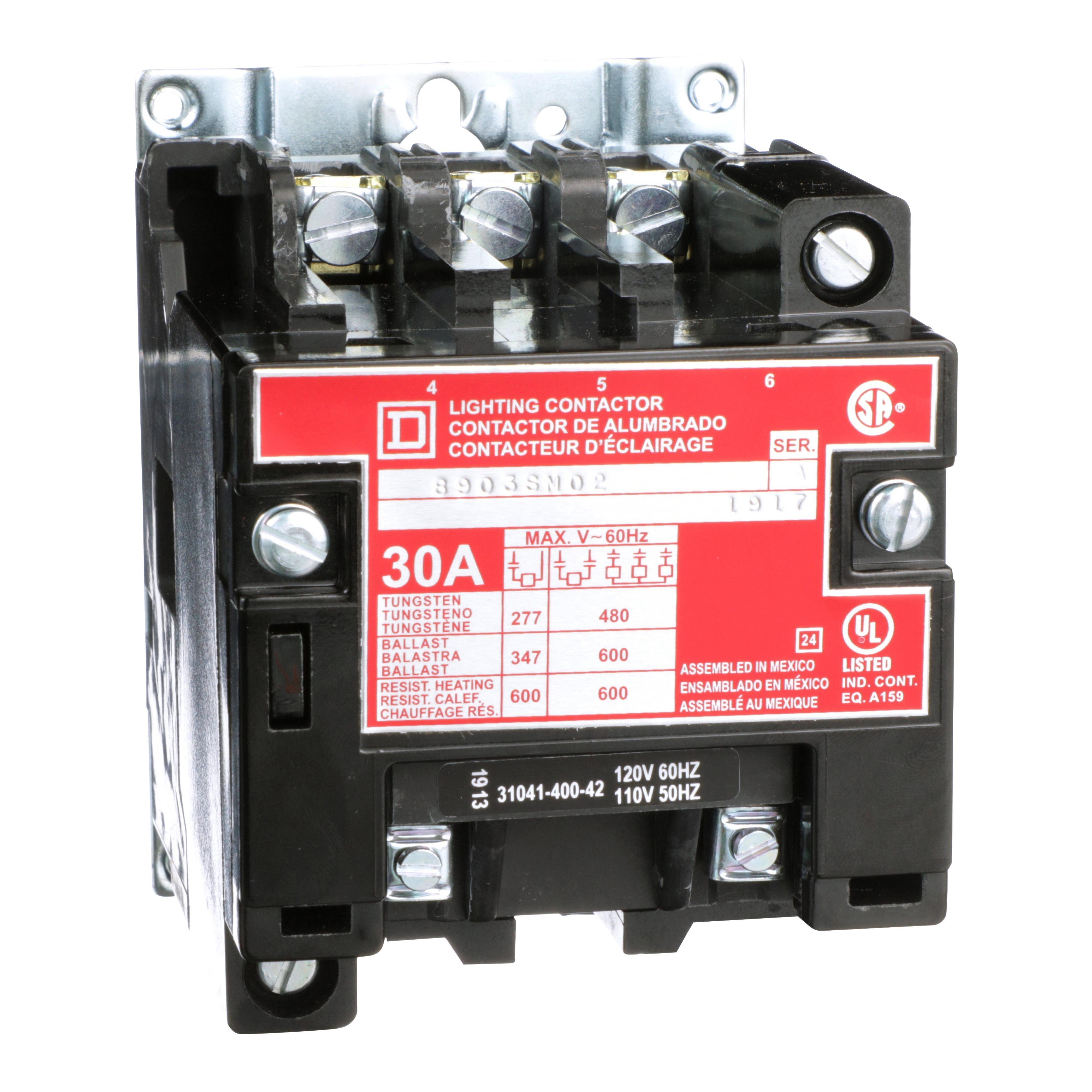 8903SMO2V02 - Contactor, Type S, multipole lighting, electrically held, 30A, 3 pole, 110/120VAC 50/60Hz coil, open style [TAA]