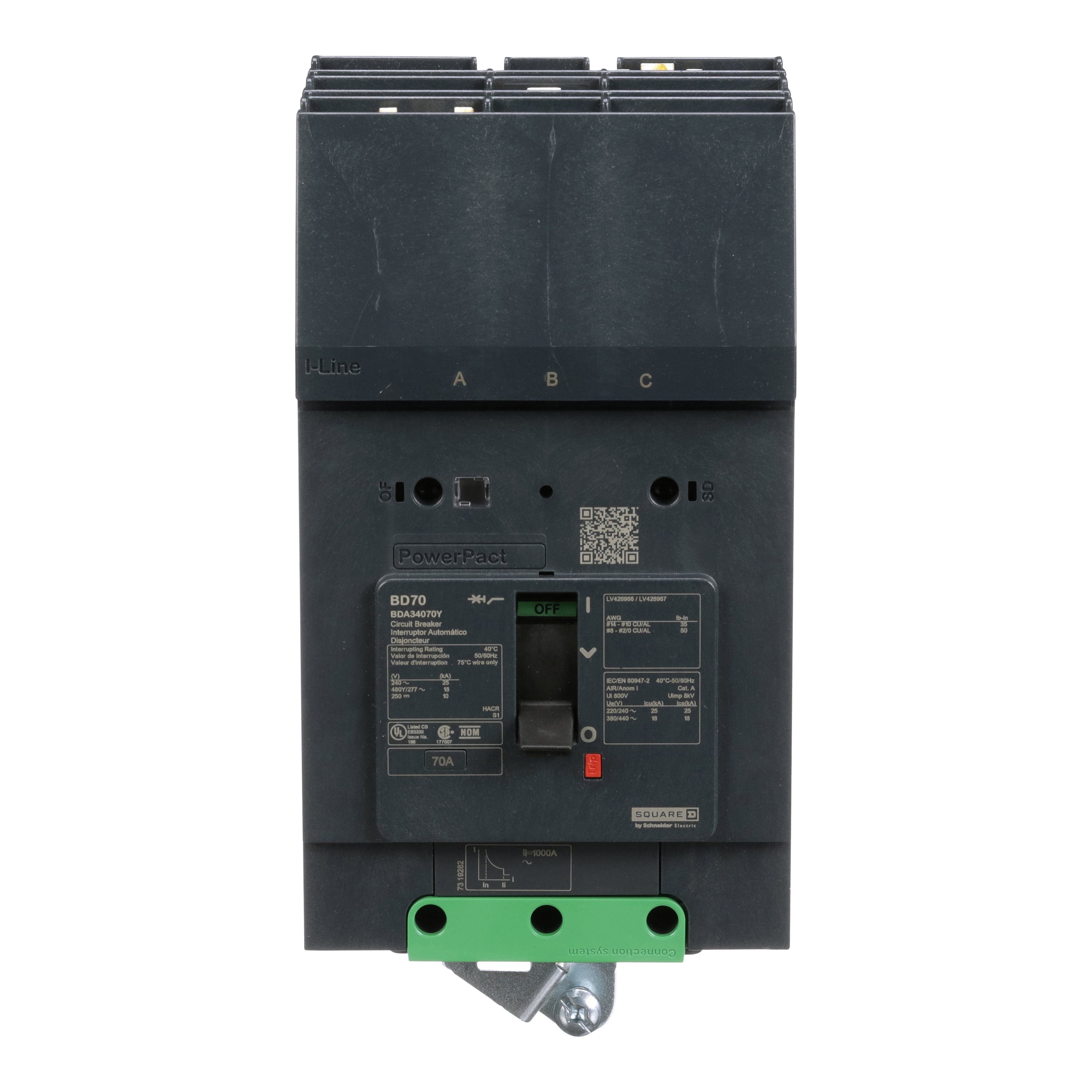 Picture of BDA34070Y - Circuit breaker, PowerPacT B, 70A, 3 pole, 480Y/277VAC, 18kA, I-Line, thermal magnetic, 80%, ABC