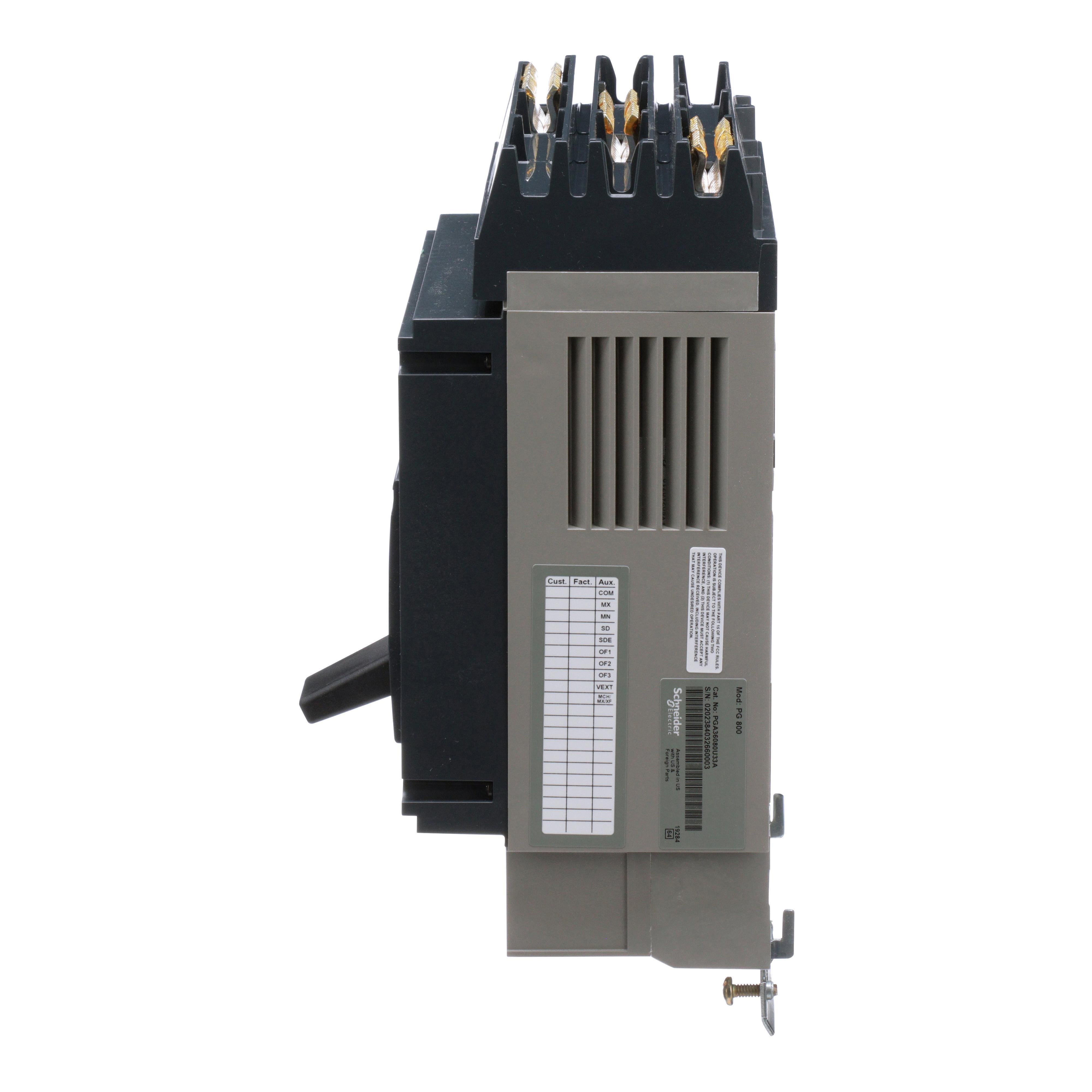 Picture of PGA36080U33A - Circuit breaker, PowerPacT P, 800A, 3 pole, 600VAC, 18kA, I-Line, Micrologic 5.0, 100%, ABC
