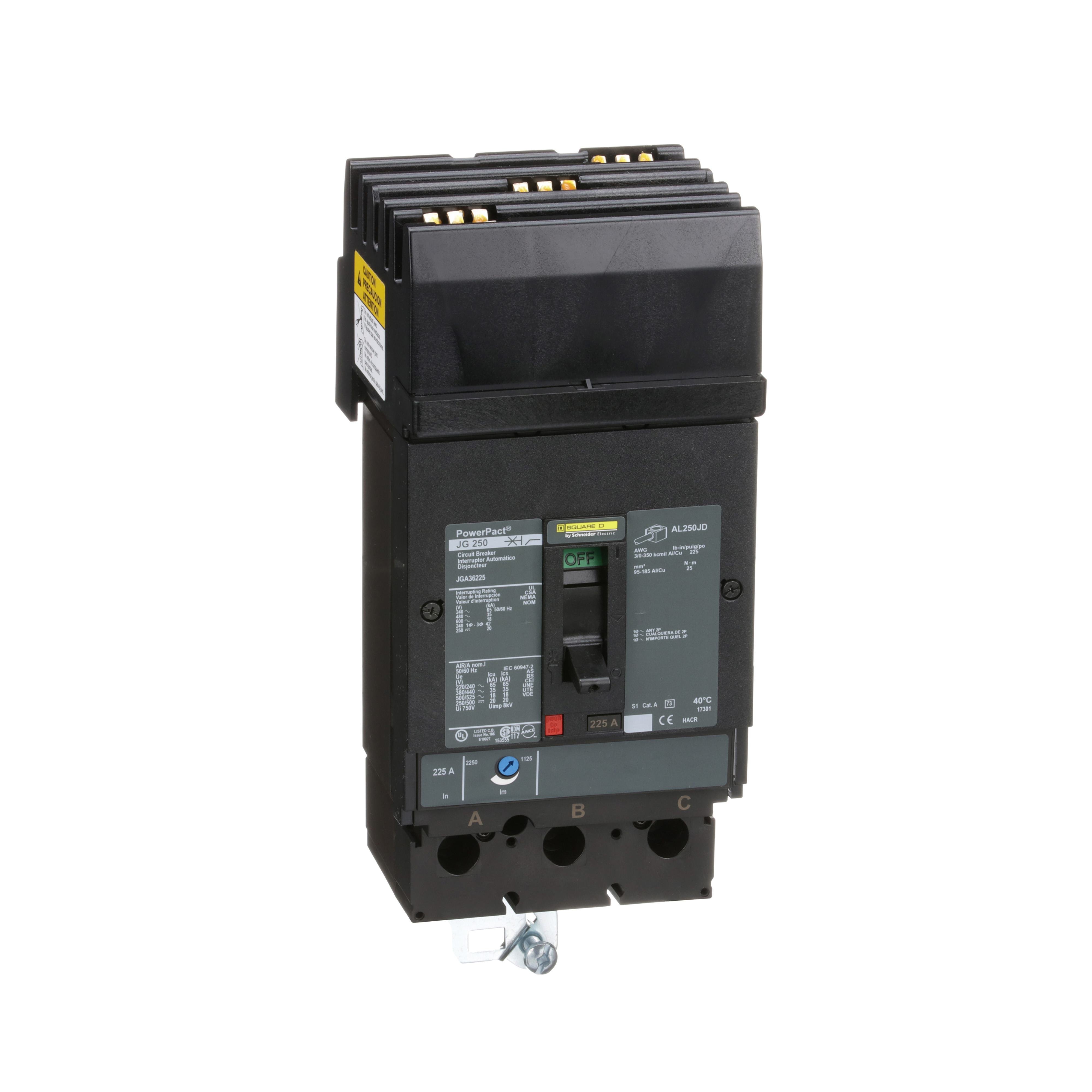 JGA36225 - Circuit breaker, PowerPacT J, 225A, 3 pole, 600VAC, 18kA, I-Line, thermal magnetic, 80%, ABC