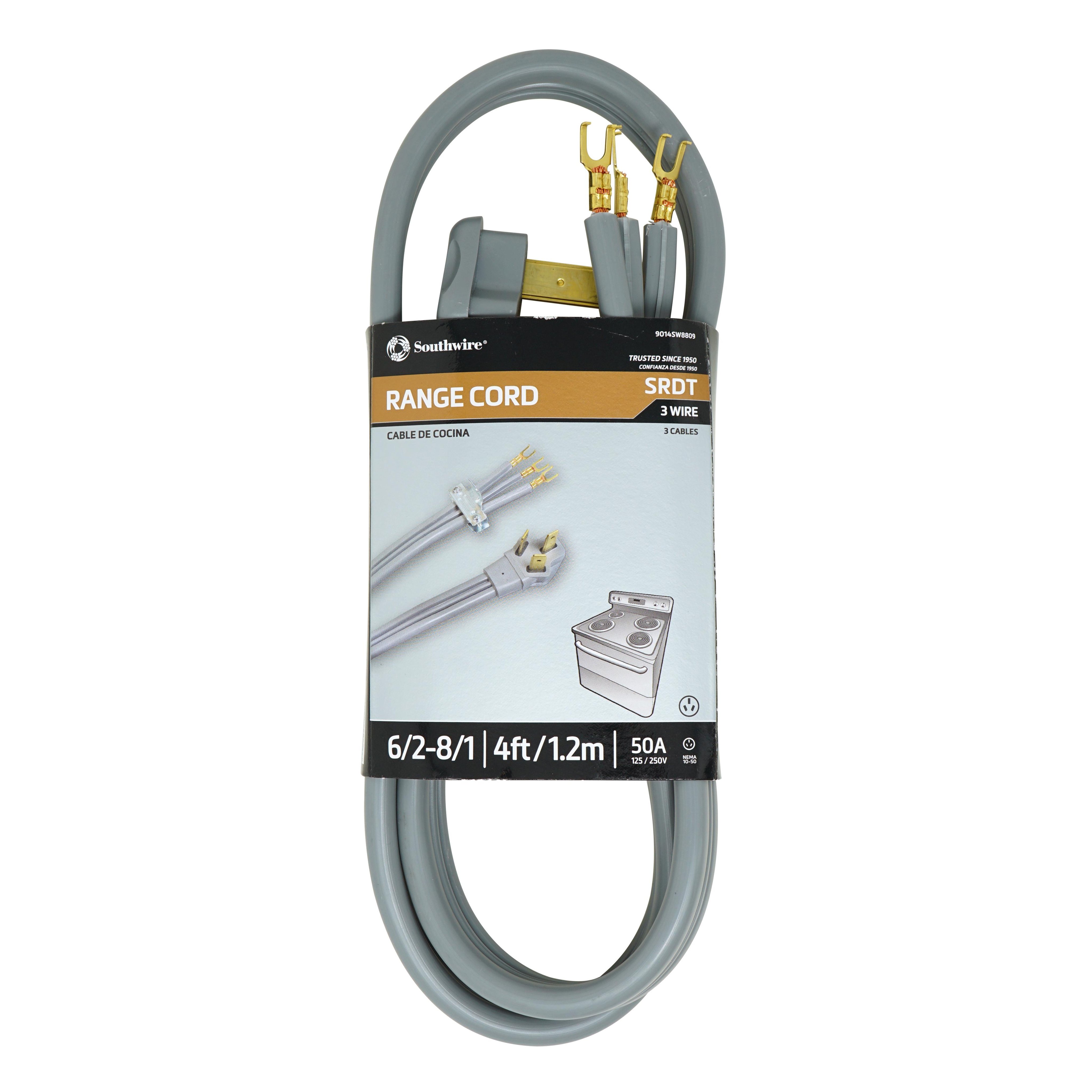 Picture of 01914-89-09 - 9014SW8809 - Southwire 9014SW8809 Range Replacement Cord - 6/2-8/1 50-Amp Flat SRDT 3-Wire 4' with NEMA 10-50 Plug - Gray