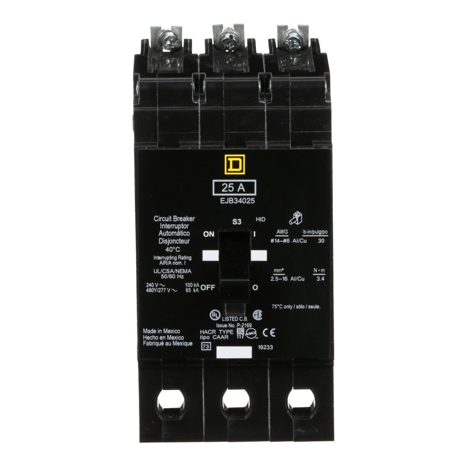 EJB34025 - [TAA] Mini circuit breaker, E-Frame, 25A, 3 pole, 480Y/277VAC, 100kA max, bolt on