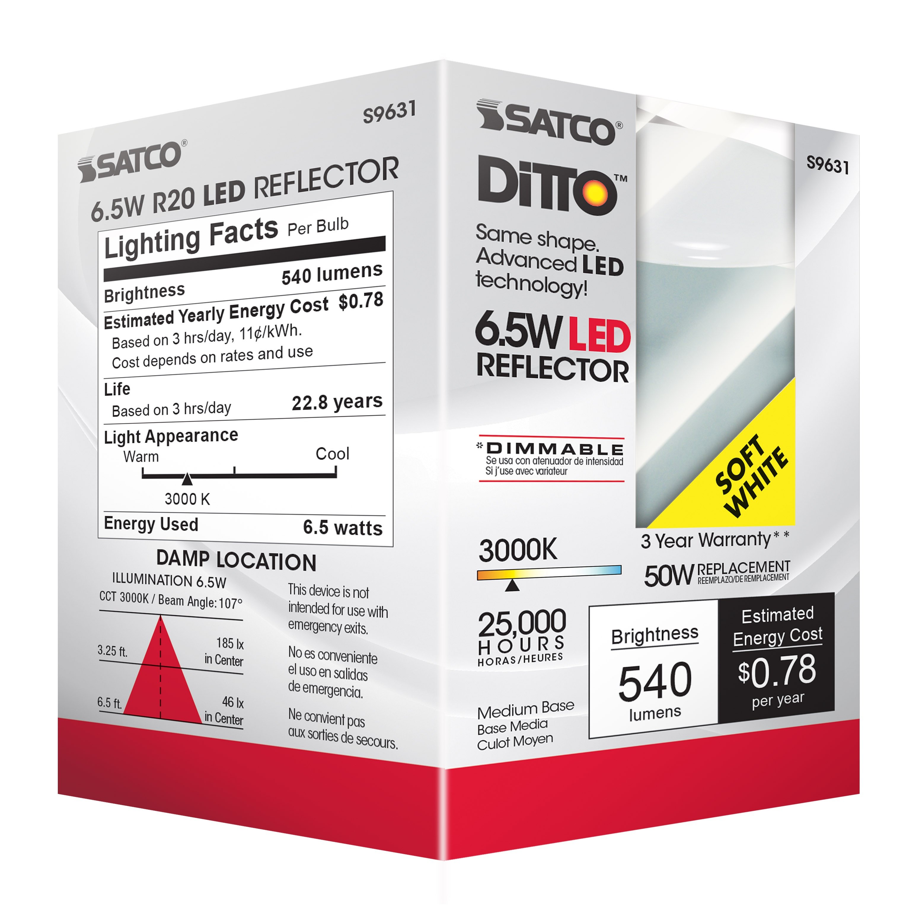 Picture of S9631 - 6.5 Watt - LED R20 - 3000K - 107 deg. Beam Angle - Medium base - 120 Volt - Dimmable