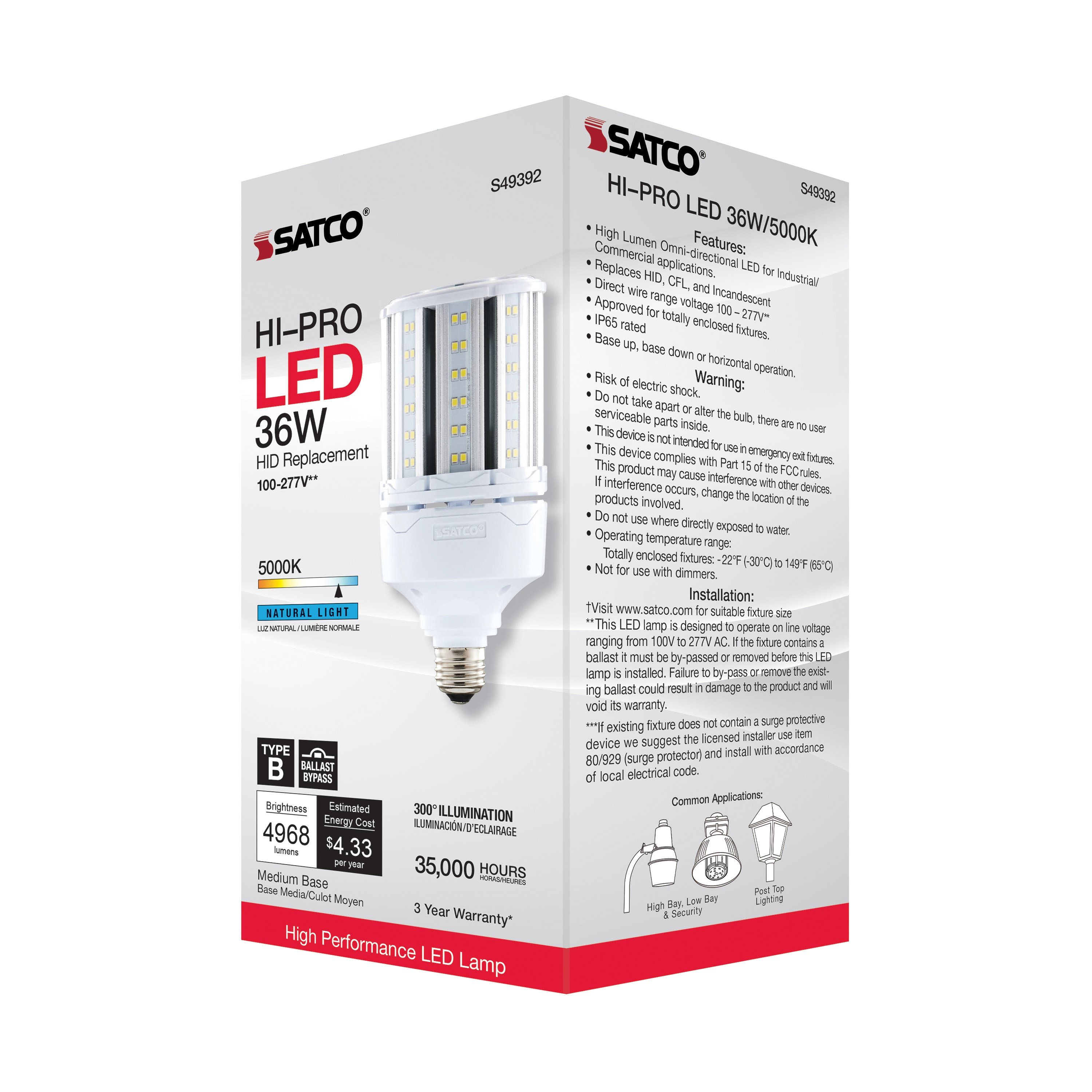 Picture of S49392 - 36 Watt LED HID Replacement - 80 CRI - 5000K - Type B - Ballast Bypass - Medium base - Economy Hi-Pro