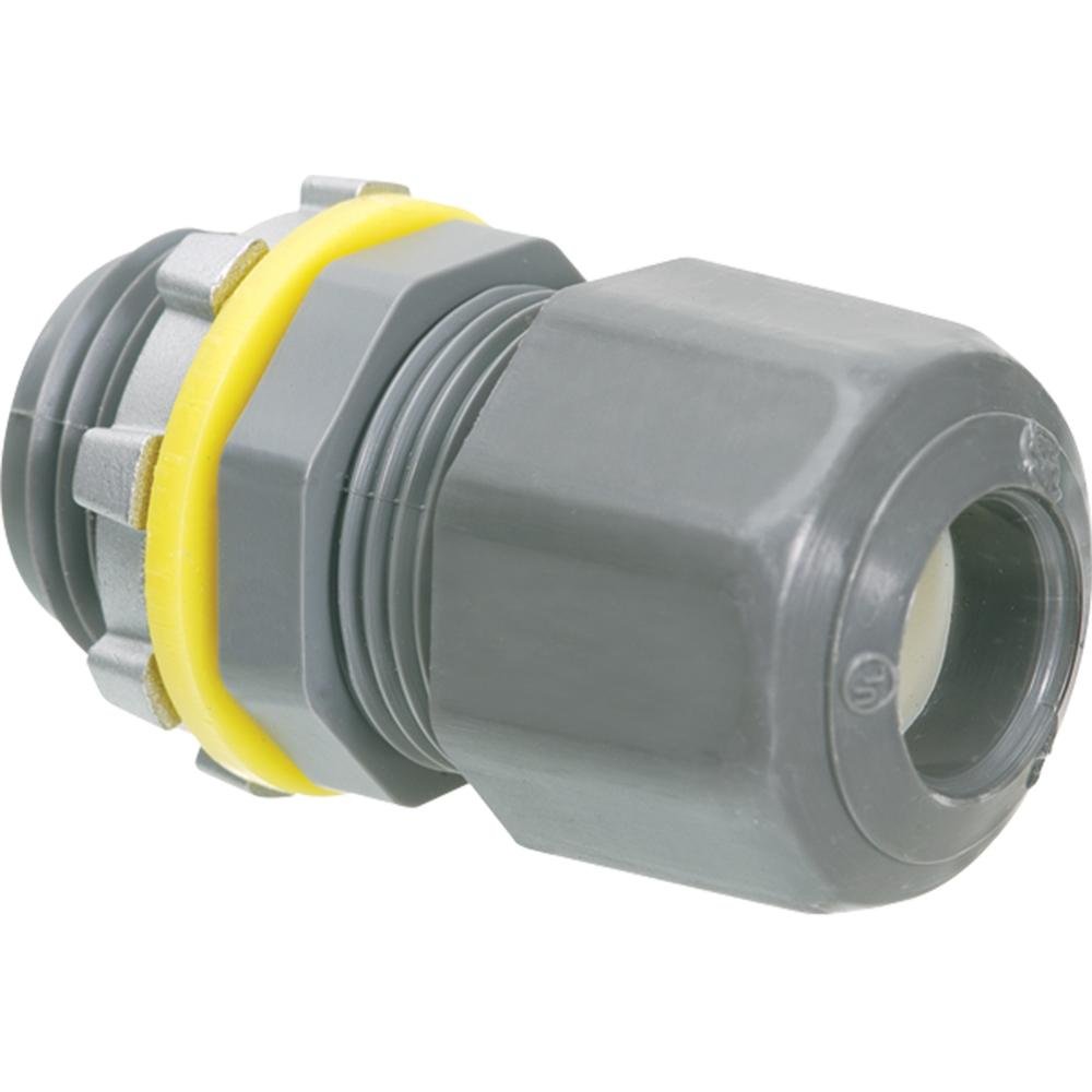 LPCG503 - Low-profile non-metallic, liquid-tight, oil-tight, and gray strain relief cord connector furnished with a sealing ring and locknut. Supports .100 to .300 cord range with a 1/2 inch trade size.