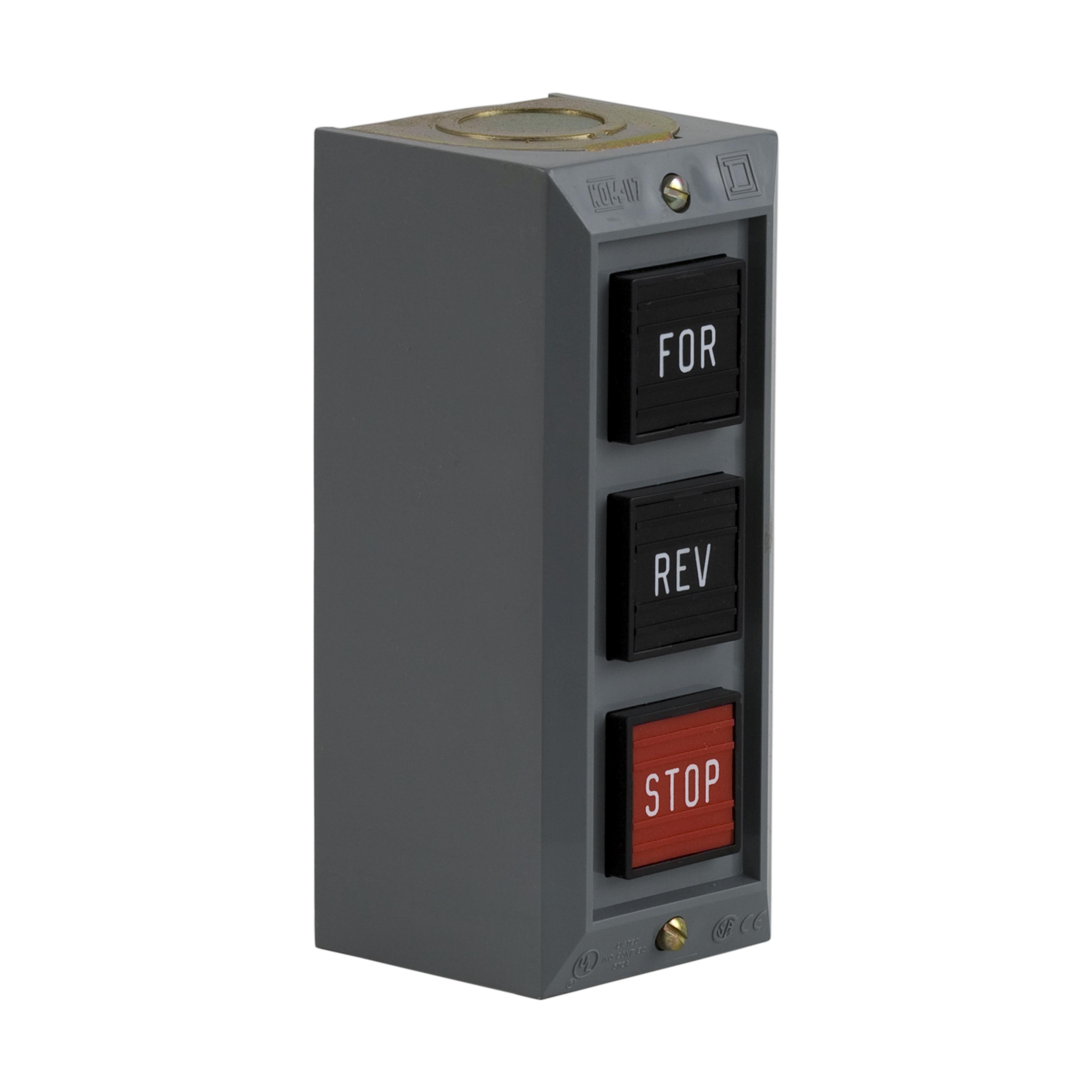 9001BG302 - Push button, Type B, standard duty control station, 5A, 600 VAC, FORWARD/REVERSE/STOP, NEMA 1
