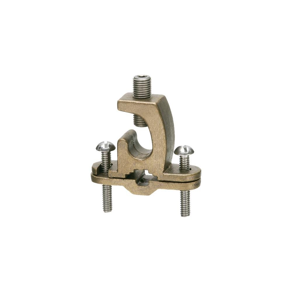 719DB - Solid Bronze with stainless steel screws, bare wire ground clamp with lay-in lug. pipe size - 3/8" to 1", Wire Size - #8 to 4/0. Approved for direct burial on rebar pipe, tubing and rod.