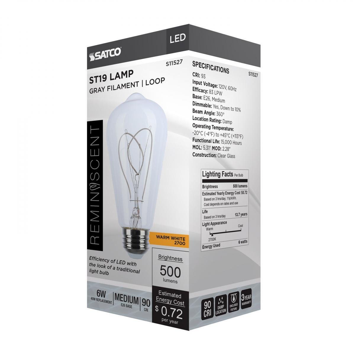 S11527 - 6 Watt LED - Reminiscent - Flex Gray Filament - ST19 Loop - Medium Base - 2700K CCT - Clear - 120 Volt