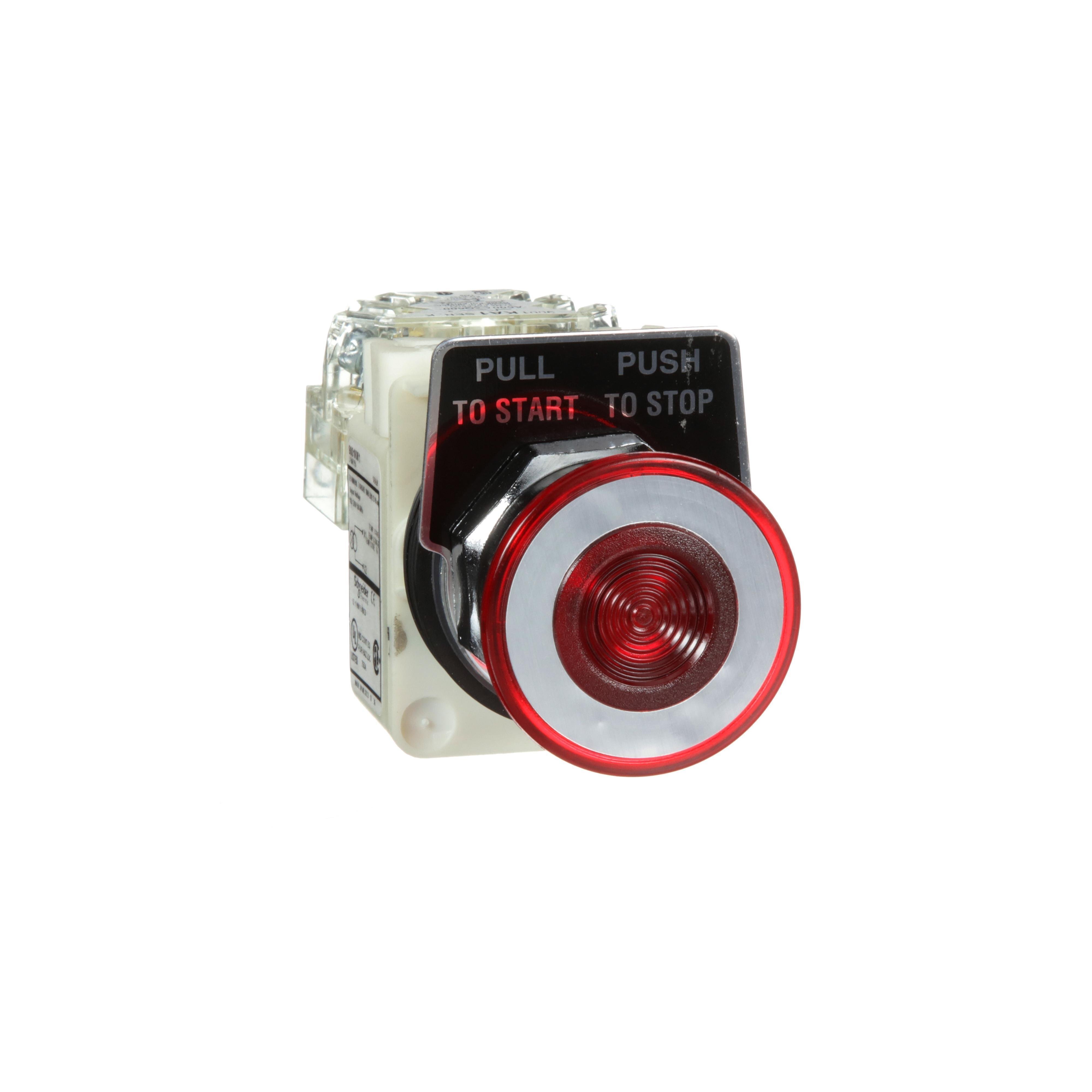 Picture of 9001KR9P1RH13 - 30mm Push Button, Type K, illuminated push pull operator, transformer, 120 VAC, red mushroom cap, 1 NO and 1 NC