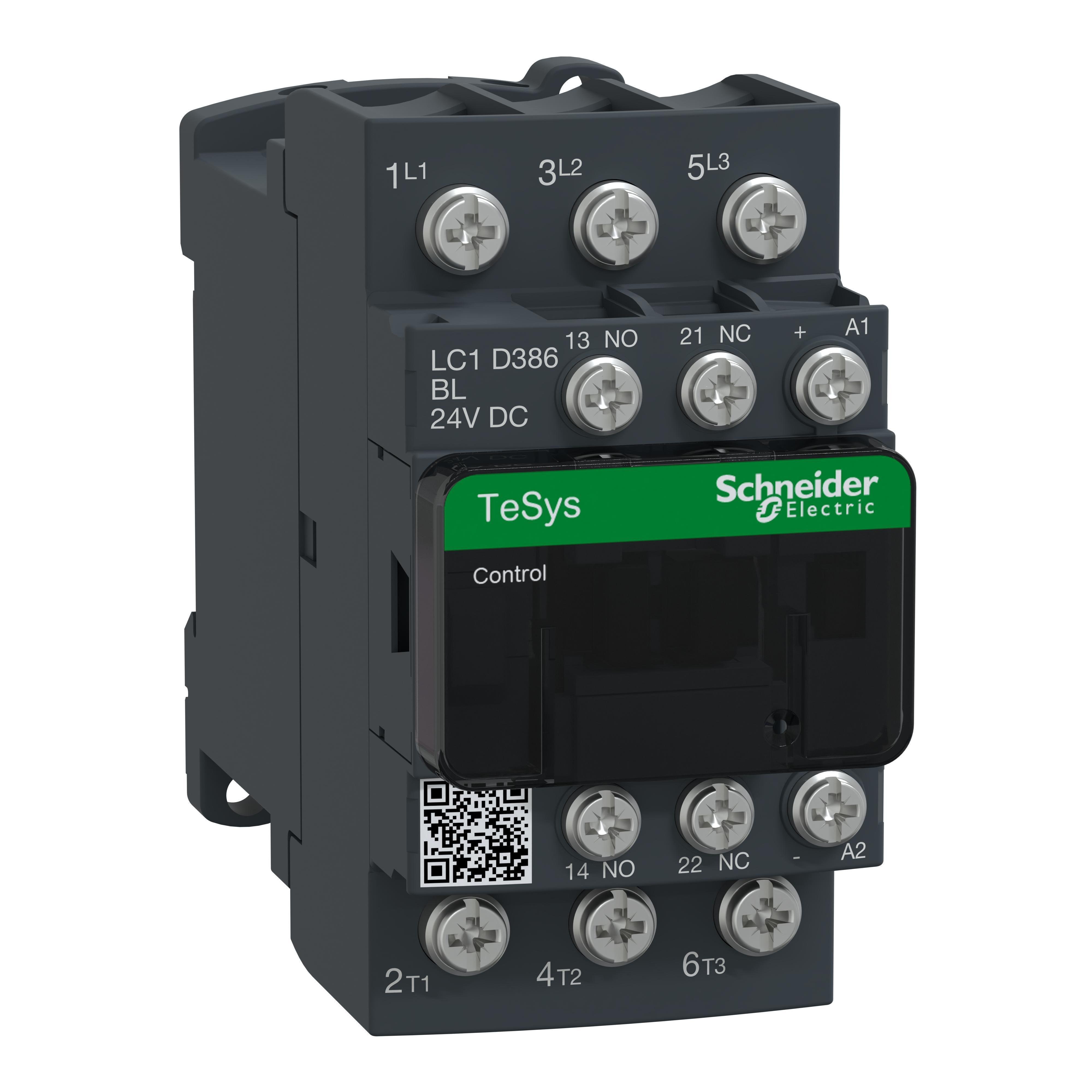 Picture of LC1D386BL - IEC contactor, TeSys Deca, nonreversing, 38A, 20HP at 480VAC, 3 phase, 3 pole, 3 NO, low consumption, 24VDC coil, open