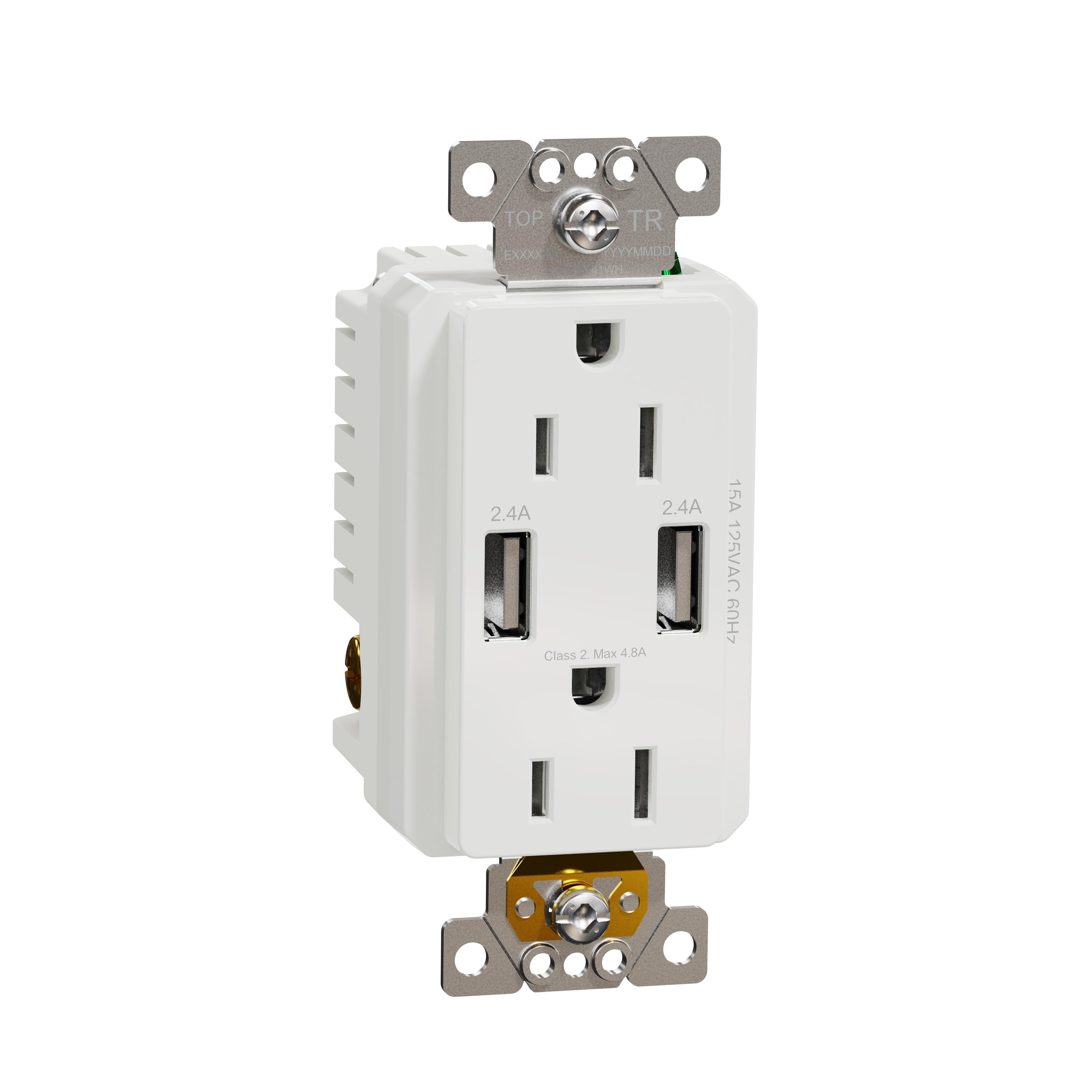Picture of SQR55141WH - USB charger + socket-outlet, X Series, 15A socket, 4.8A USB A/A, duplex, tamper resistant, white, matte finish