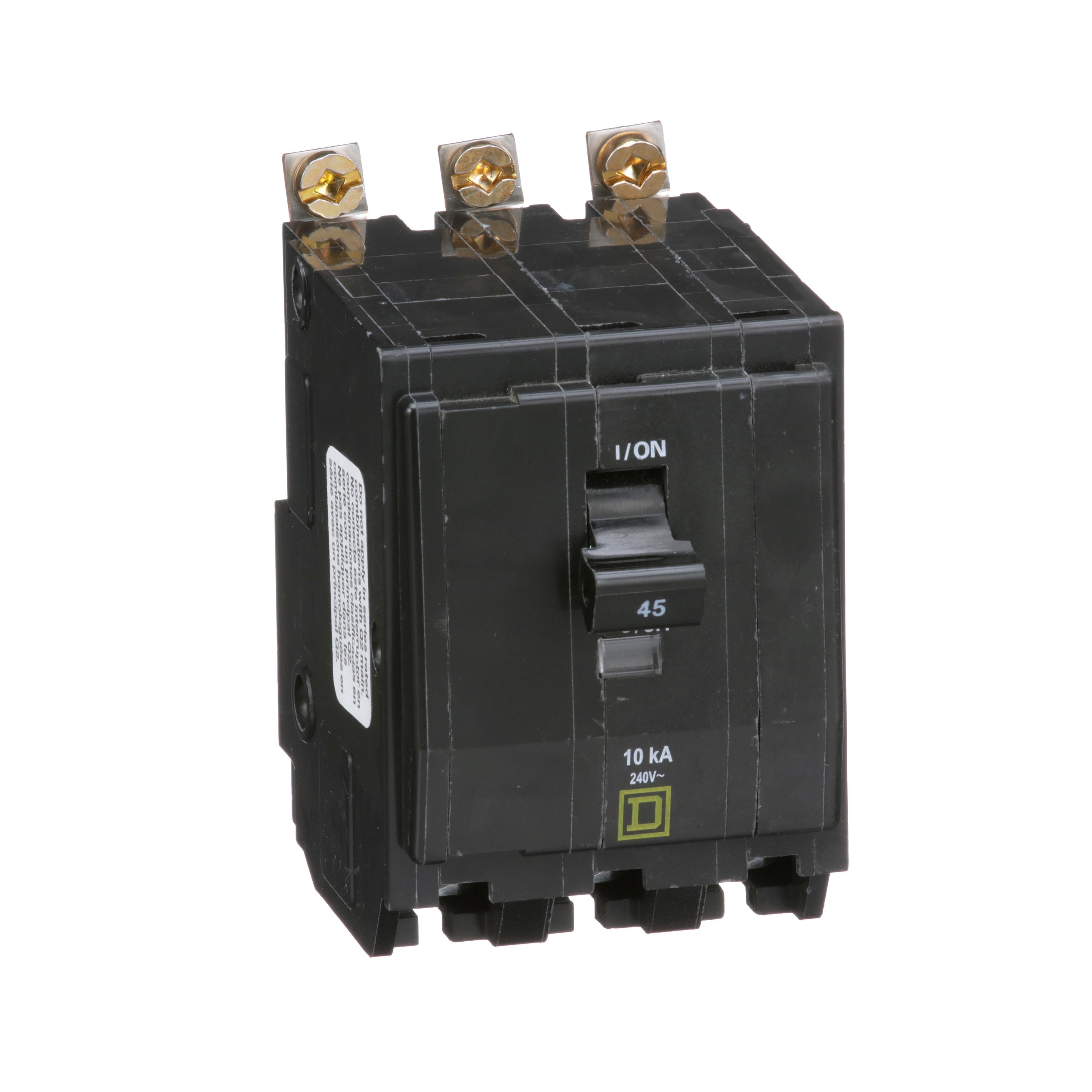 QOB345 - Mini circuit breaker, QO, 45A, 3 pole, 120/240VAC, 10kA, bolt on