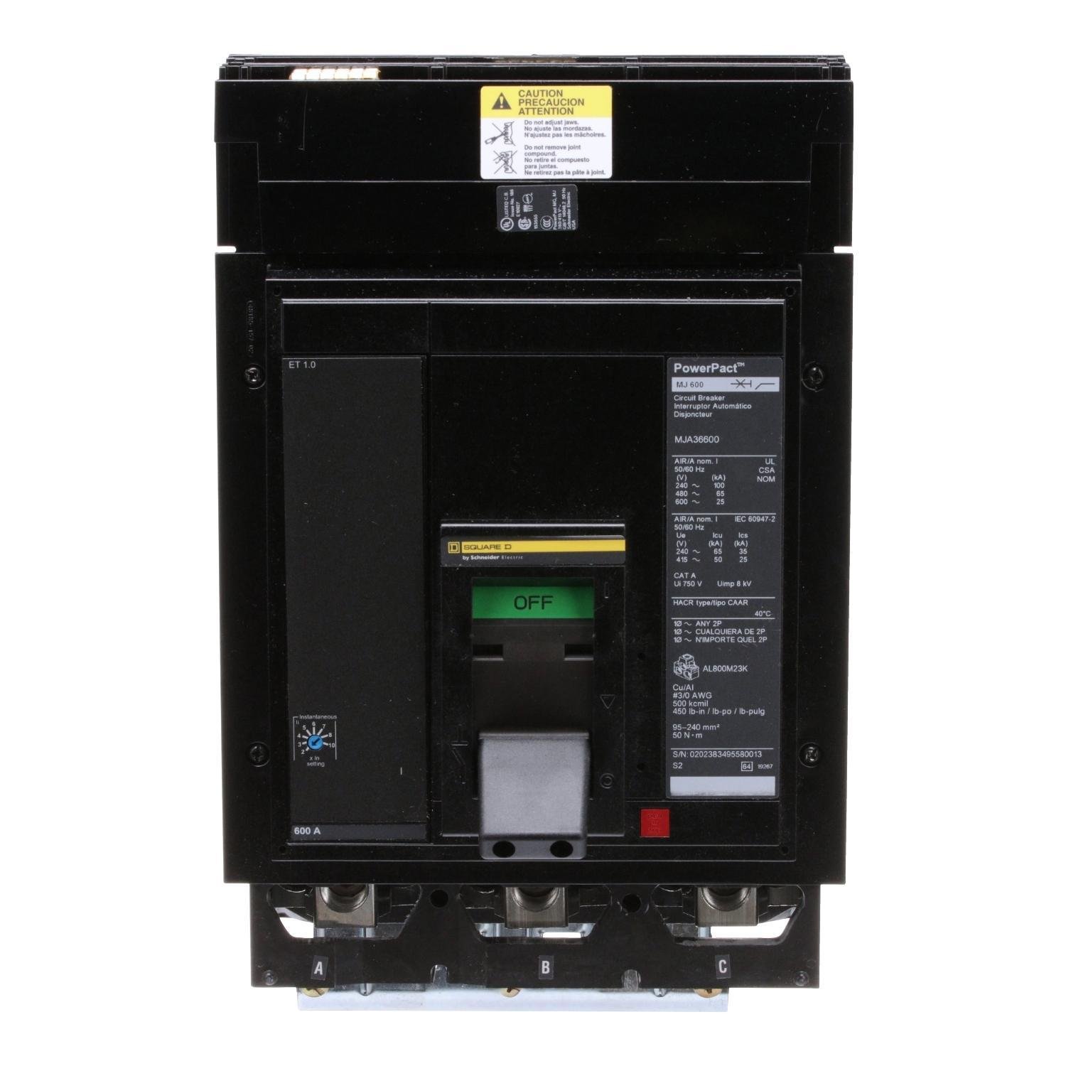 Picture of MJA36600 - Circuit breaker, PowerPacT M, 600A, 3 pole, 600VAC, 25kA, I-Line, ET 1.0, 80%, ABC