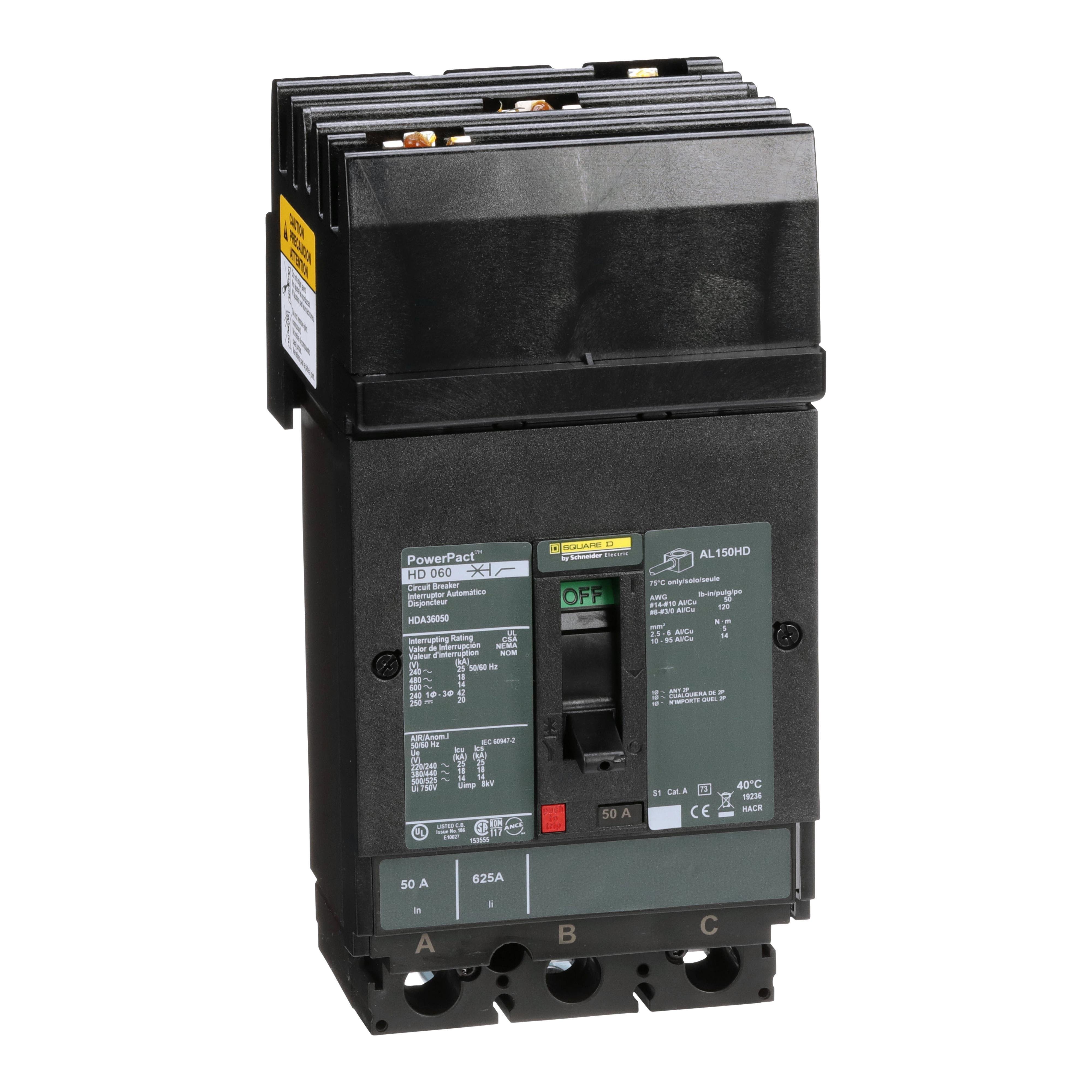 HDA36050 - Circuit breaker, PowerPacT H, 50A, 3 pole, 600VAC, 14kA, I-Line, thermal magnetic, 80%, ABC