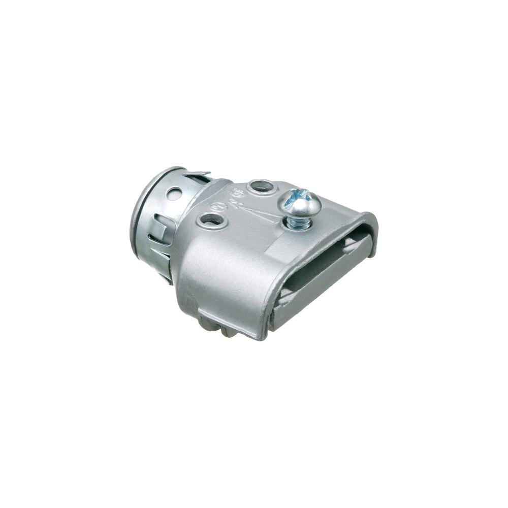 846AST - Zinc die-cast, single screw duplex connector snaps into 1/2" knockout with an external spring steel clip. Provided with insulated throat. Concrete tight when taped.