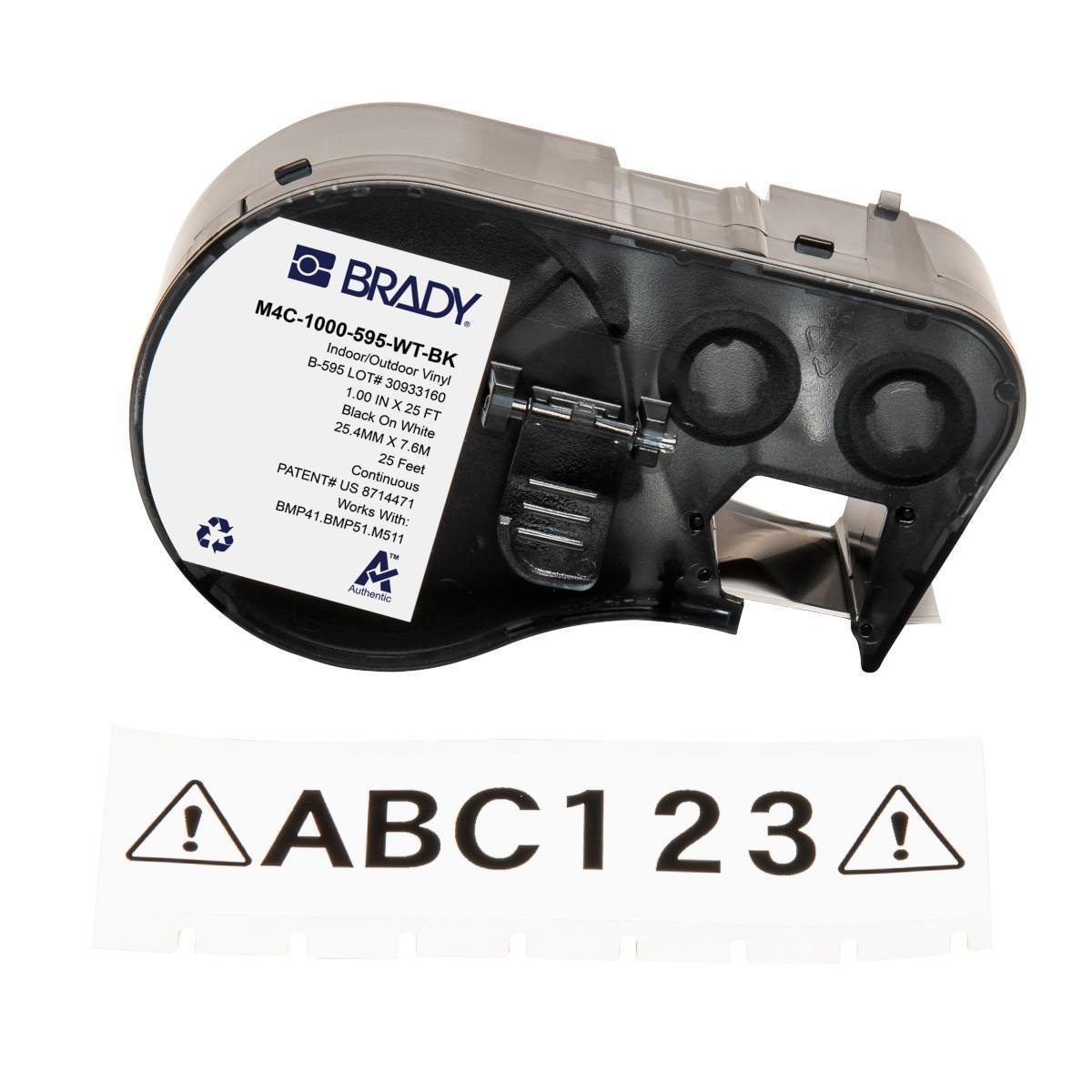 BRADY M4C-1000-595-WT-BK, 1" Vinyl Label Tape Black on White