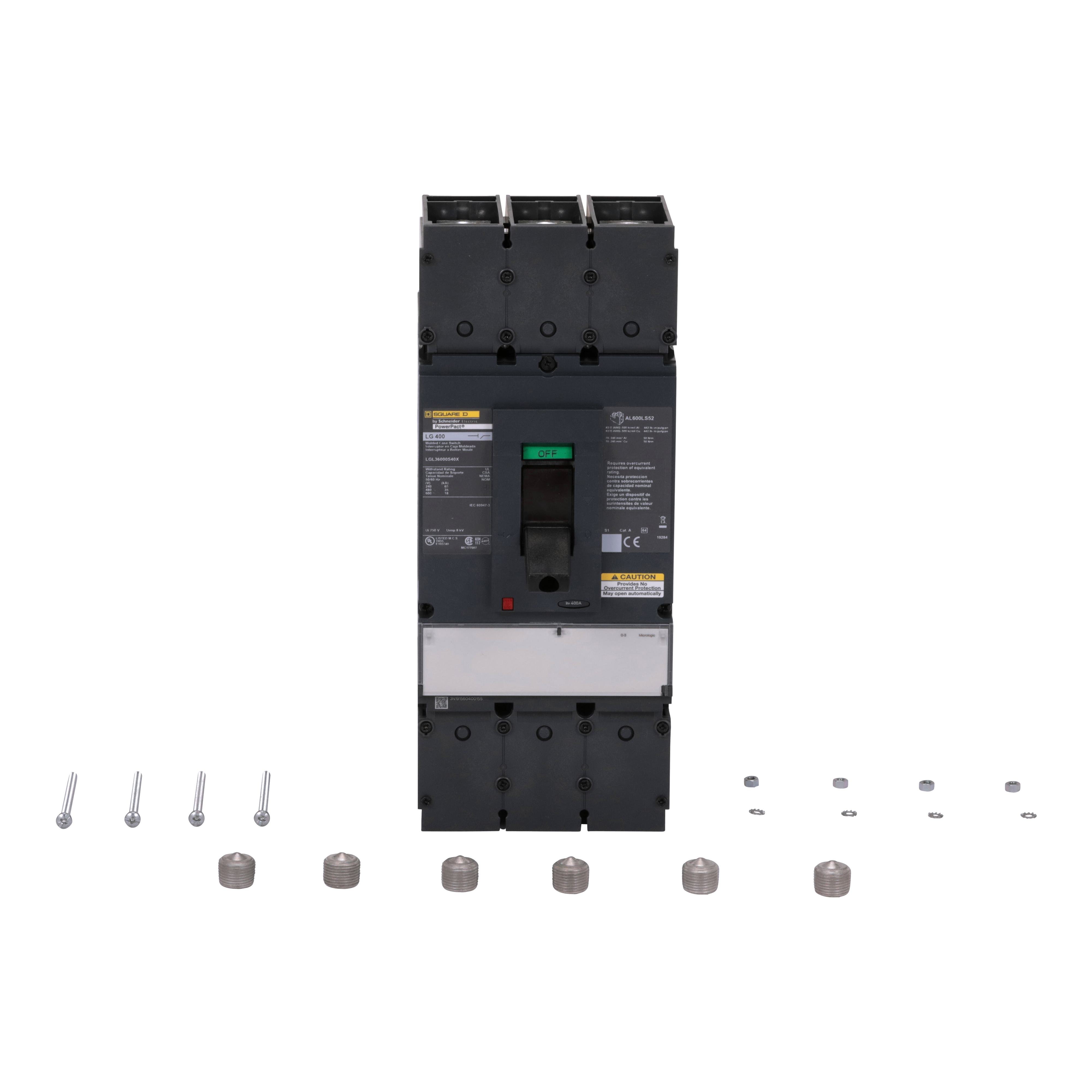 Picture of LGL36000S40X - Automatic switch, PowerPact L, 400A, 3 pole, 600VAC, 18kA, lugs, magnetic