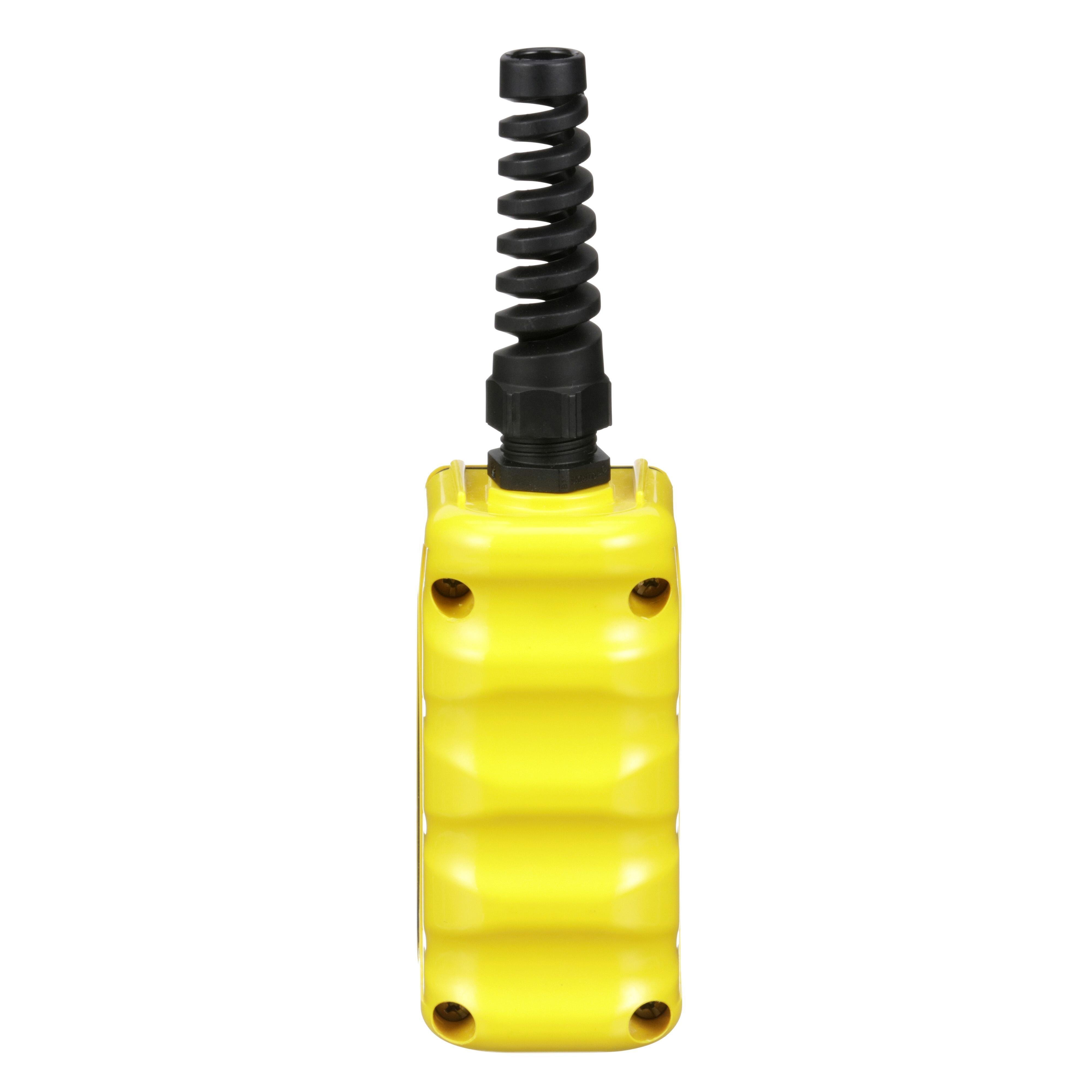 Picture of 9001BW92Y - Pendant Station, 2 mechanically interlocked push buttons, NO contacts, UP DOWN, yellow enclosure, 600 VAC 5 A