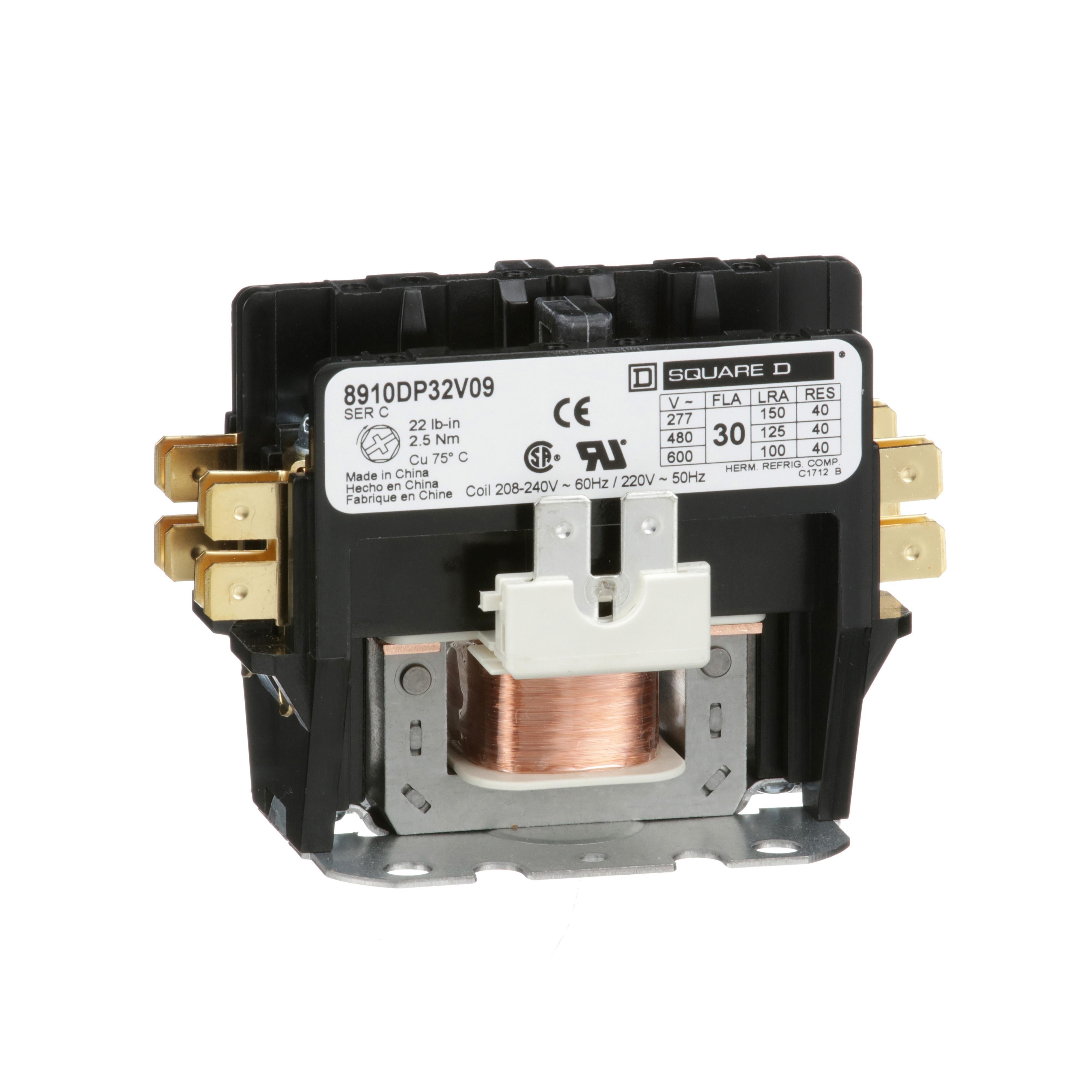 8910DP32V09 - Contactor, Definite Purpose, 30A, 2 pole, 208/240VAC coil at 60Hz, 220VAC 50Hz coil, open