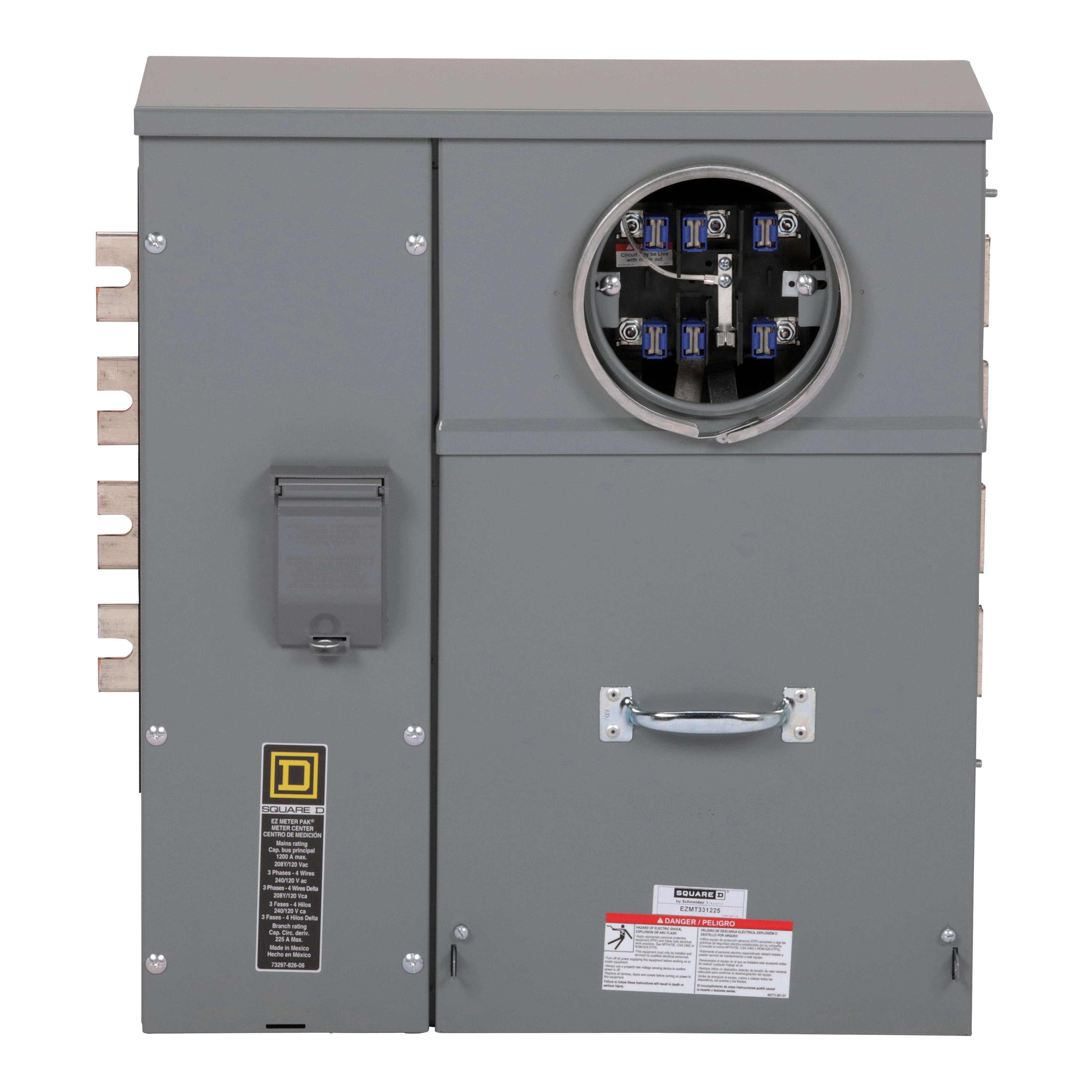 Picture of EZMT331225 - Branch unit, EZ Meter-Pak, 225A, 1 x 7 jaw socket, 208Y/120VAC, test block bypass, ringed, 1200A Al/Cu busbar