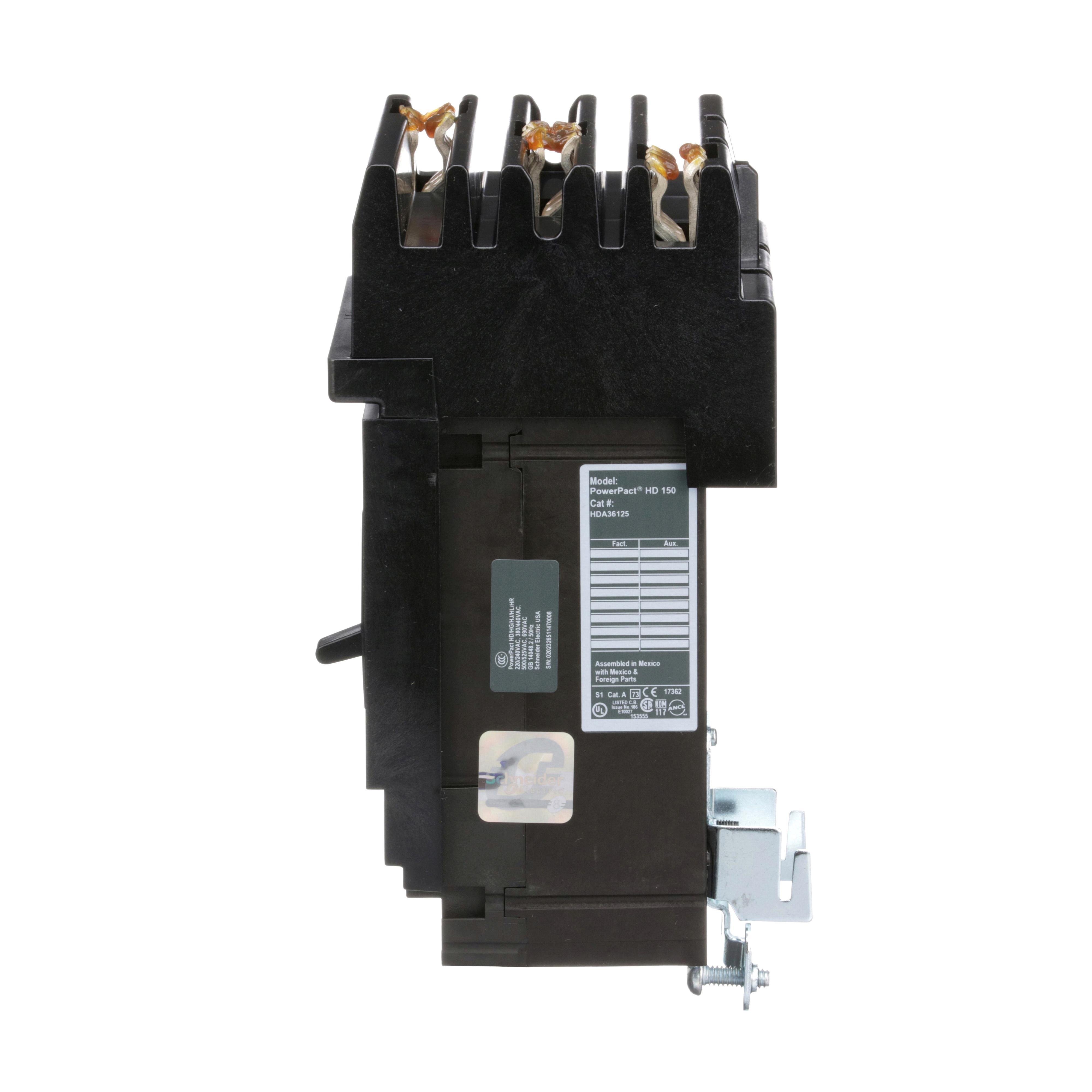 Picture of HDA36125 - Circuit breaker, PowerPacT H, 125A, 3 pole, 600VAC, 14kA, I-Line, thermal magnetic, 80%, ABC