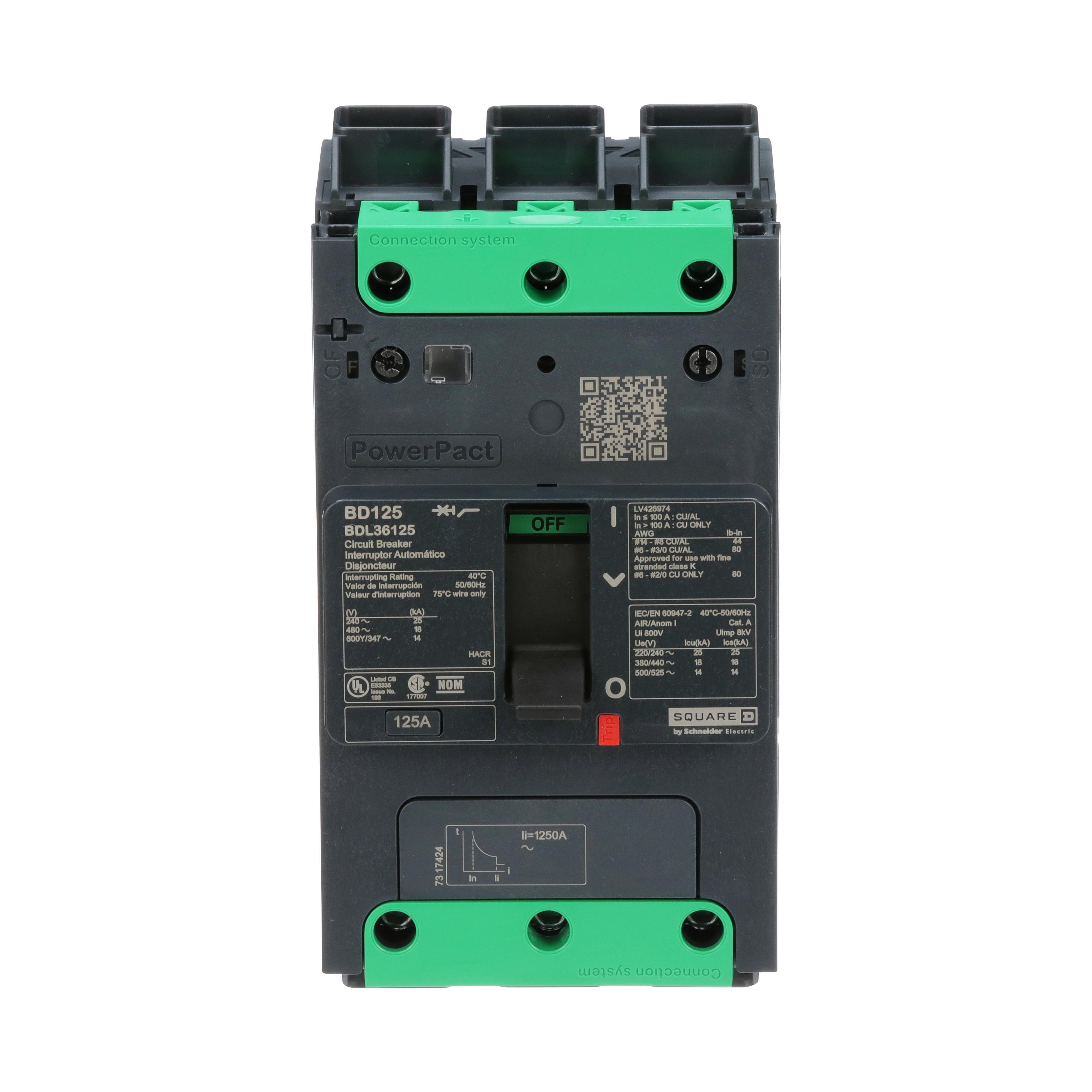 BDL36125 - Circuit breaker, PowerPacT B, 125A, 3 pole, 600Y/347VAC, 14kA, lugs, thermal magnetic, 80%