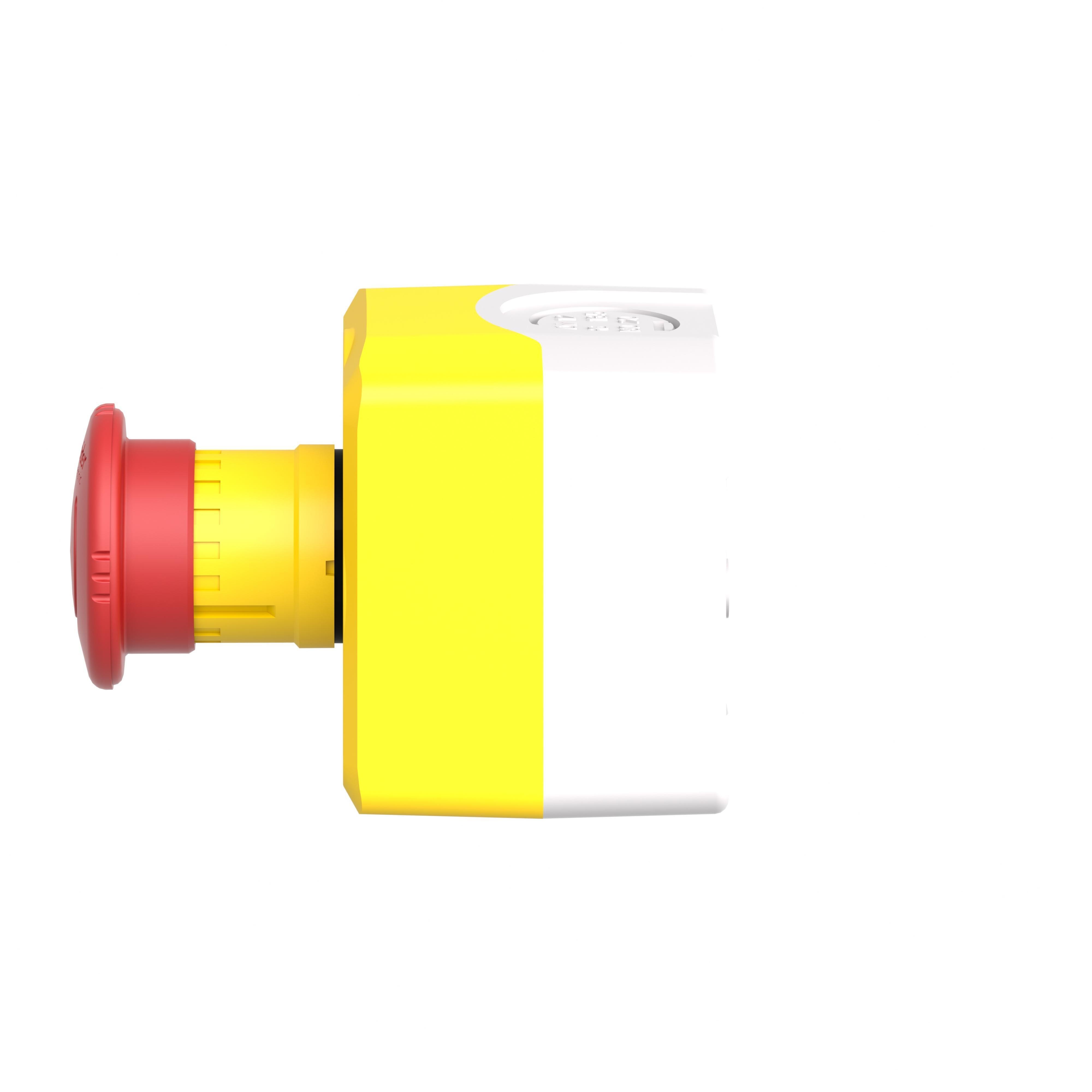 Picture of XALACS1 - 22mm push button, Harmony, yellow control station, trigger action emergency stop, 40mm red mushroom, 1 NC, NEMA 13