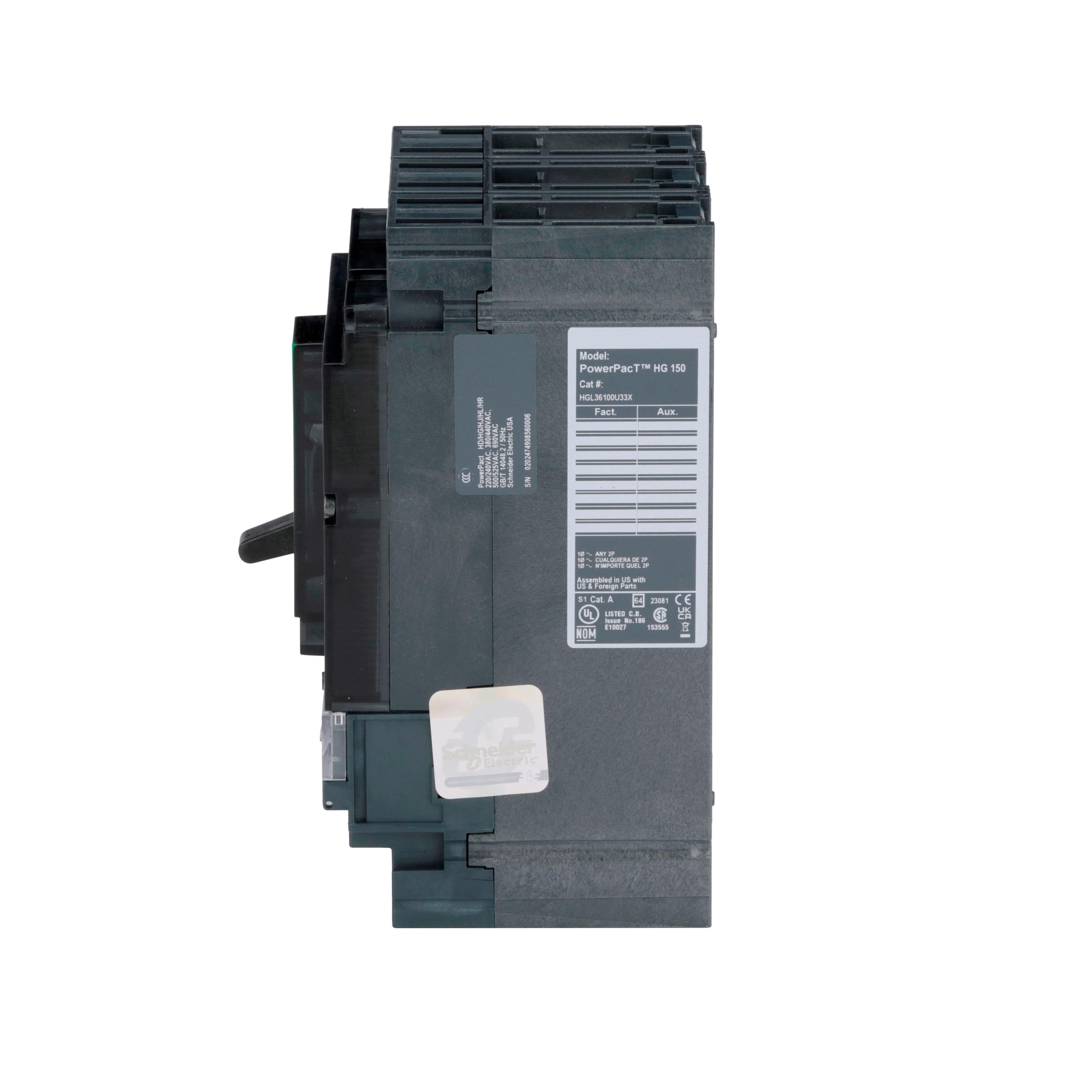 Picture of HGL36100U33X - Circuit breaker, PowerPacT H, 100A, 3 pole, 600VAC, 18kA, lugs, Micrologic 3.2S, 80%