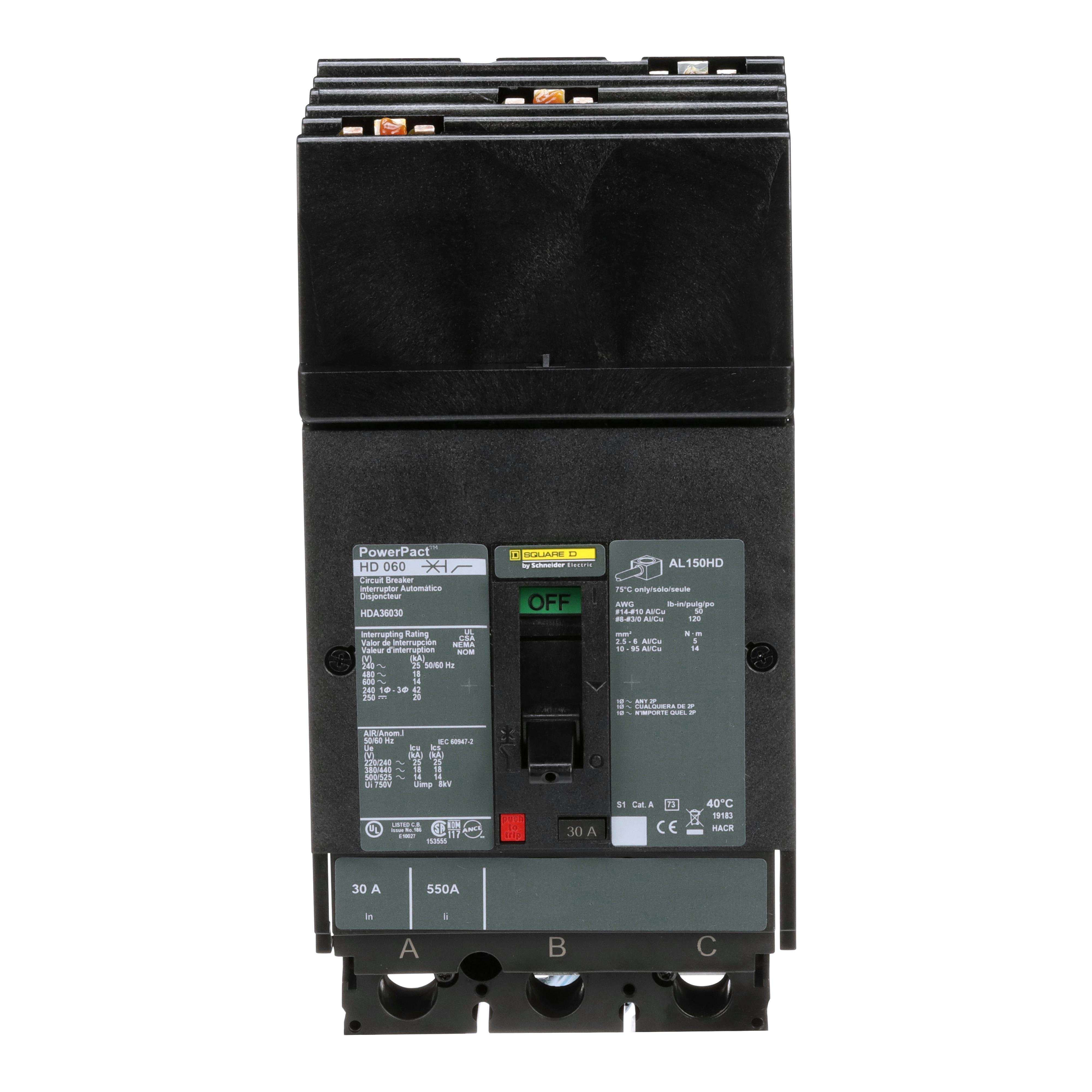 Picture of HDA36030 - Circuit breaker, PowerPacT H, 30A, 3 pole, 600VAC, 14kA, I-Line, thermal magnetic, 80%, ABC