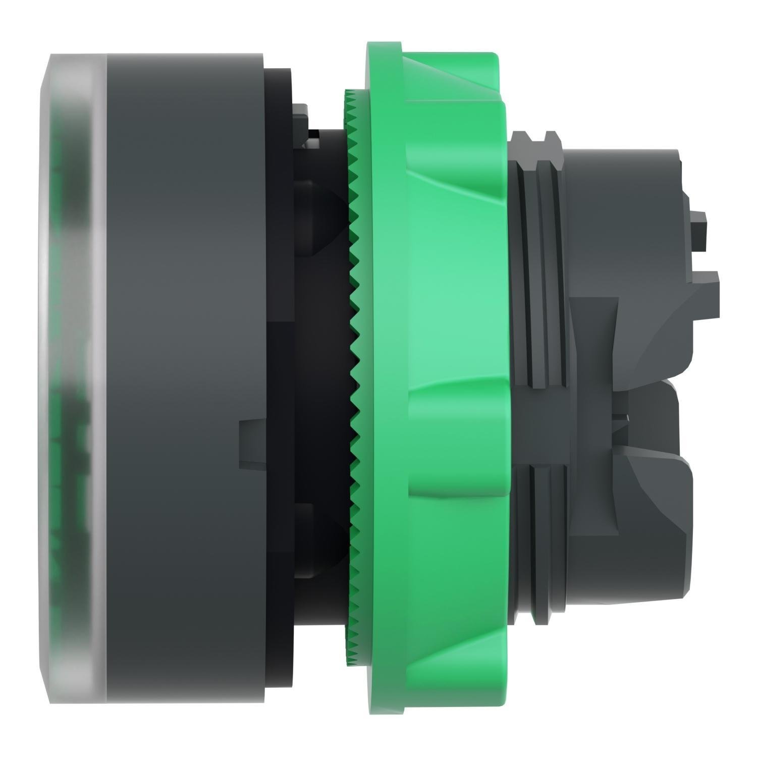 Picture of ZB5AW333 - Head for illuminated push button, Harmony XB5, plastic, green flush, 22mm, universal LED, spring return, plain lens