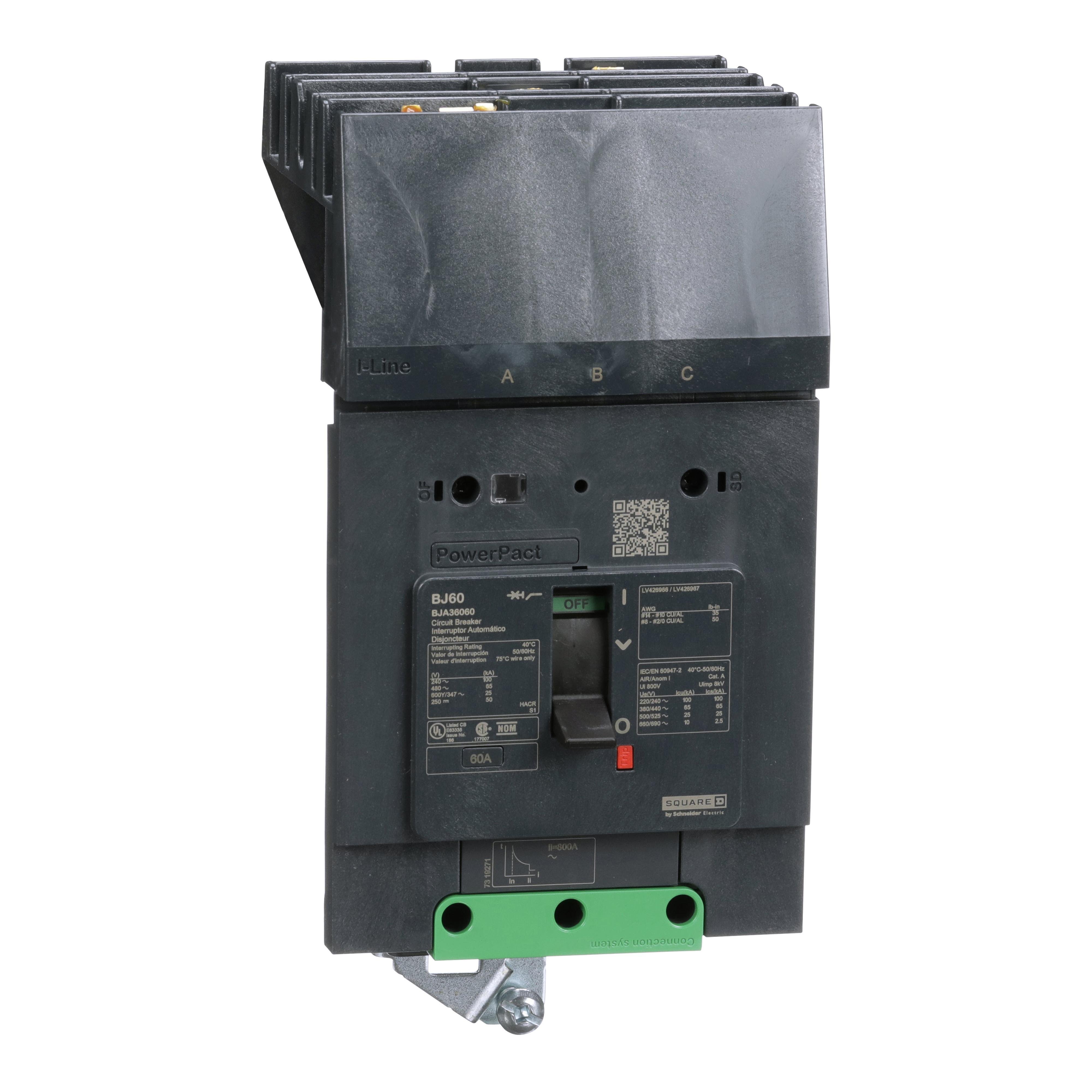 BJA36060 - Circuit breaker, PowerPacT B, 60A, 3 pole, 600Y/347VAC, 25kA, I-Line, thermal magnetic, 80%, ABC