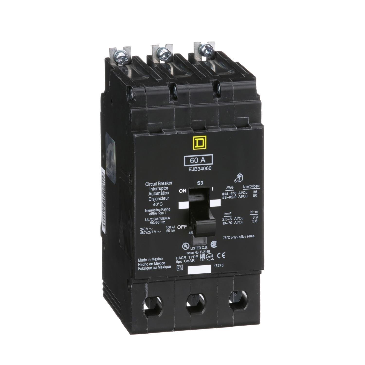 EJB34060 - Mini circuit breaker, E-Frame, 60A, 3 pole, 480Y/277VAC, 100kA max, bolt on [TAA]
