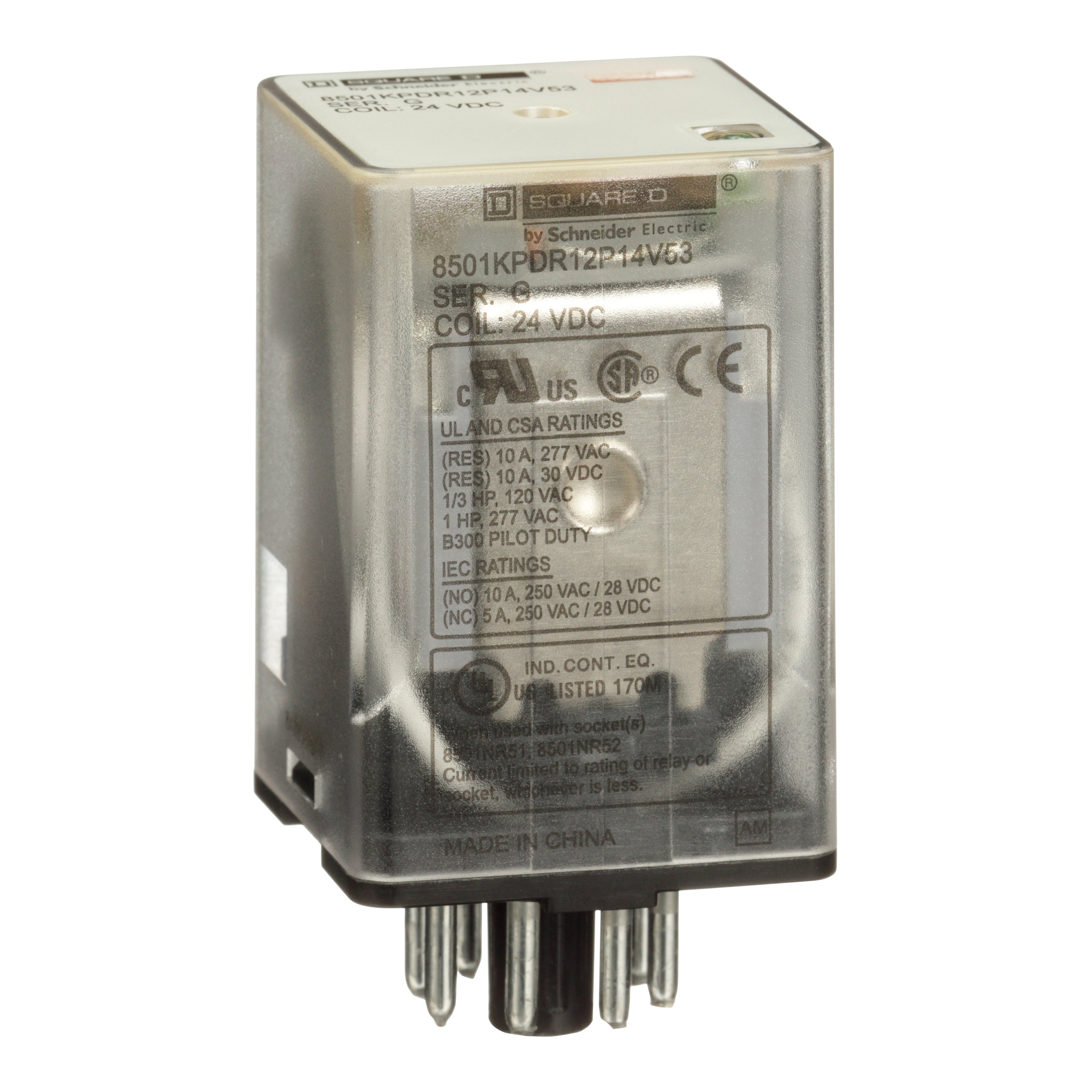 8501KPDR12P14V53 - Relay, Harmony 8501K, DPDT, 8 pins, LED, coil, 24V DC, 10A resistive at 120V AC, 1 HP at 277V AC, 2NO + 2NC