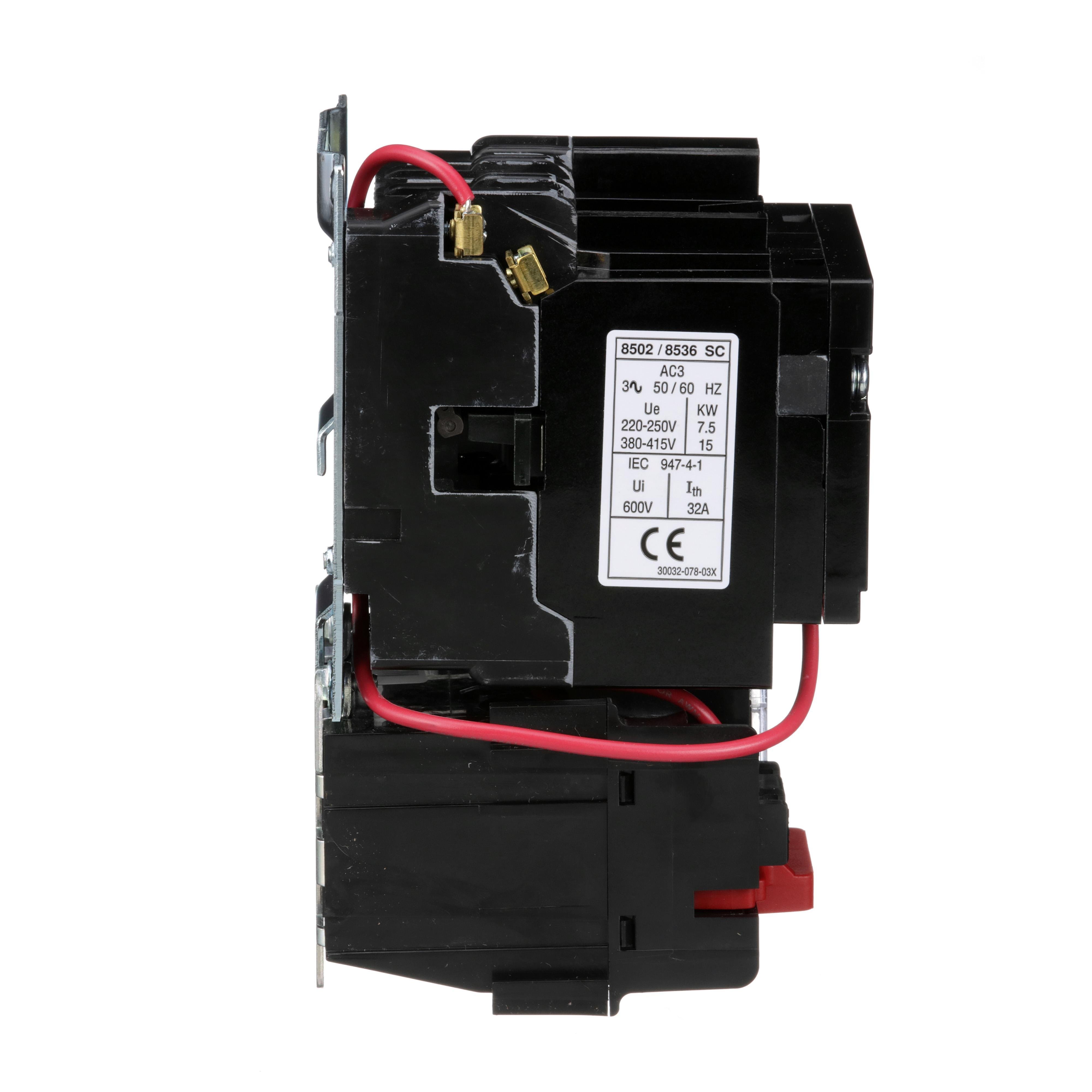 Picture of 8536SCO3V02H30S - NEMA motor starter, Type S, nonreversing, Size 1, 27A, 10 HP at 460VAC, up to 100kA SCCR, 3 phase, 3 pole, Motor Logic, 120VAC coil, open