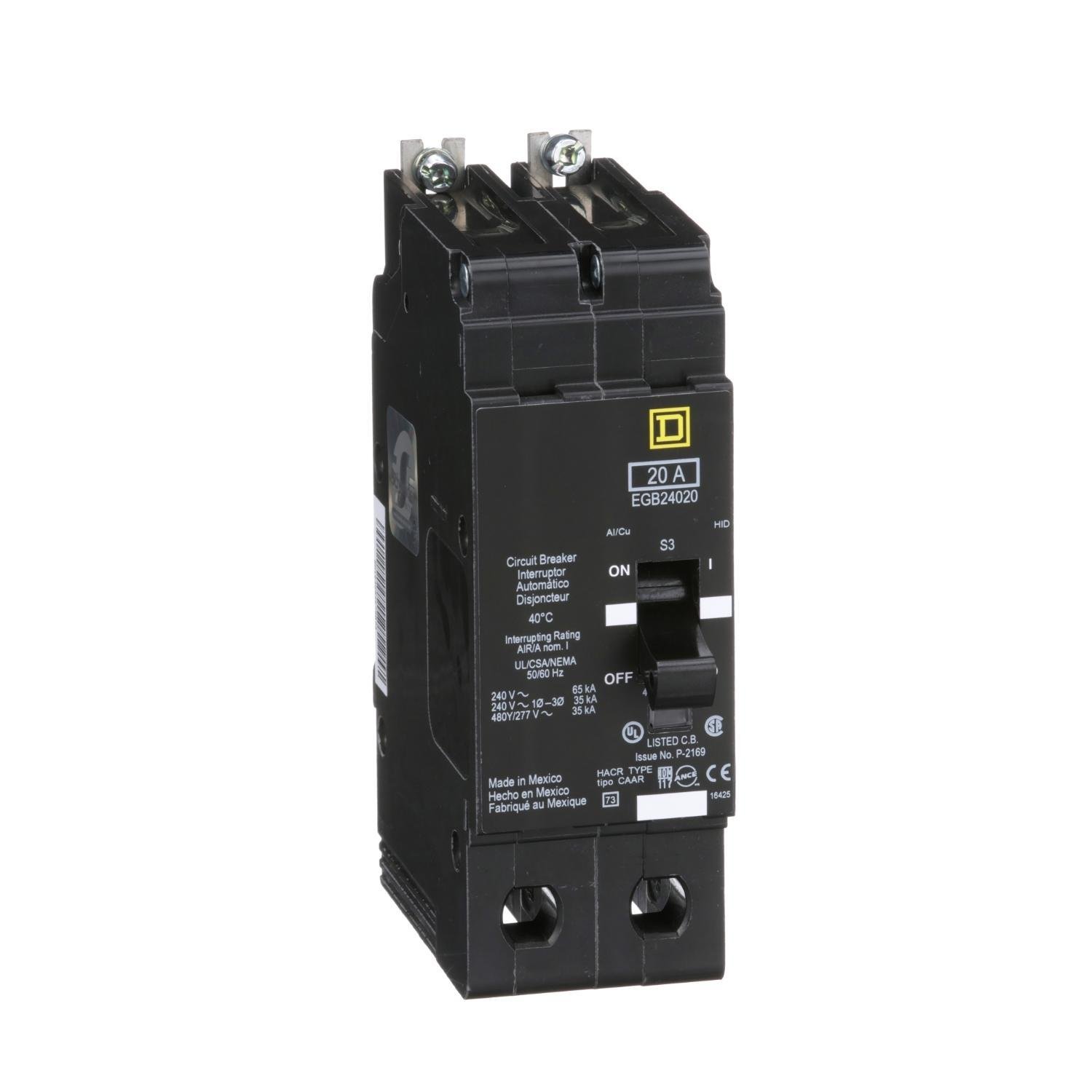 EGB24020 - Mini circuit breaker, E-Frame, 20A, 2 pole, 480Y/277VAC, 65kA max, bolt on [TAA]