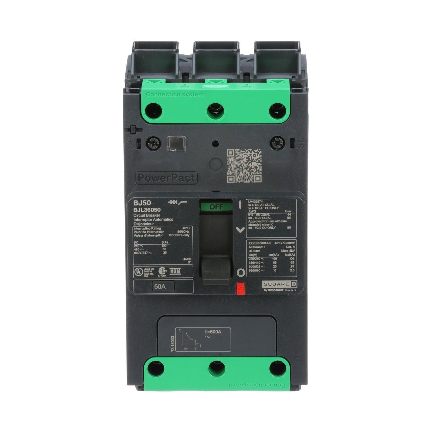 BJL36050 - Circuit breaker, PowerPacT B, 50A, 3 pole, 600Y/347VAC, 25kA, lugs, thermal magnetic, 80%