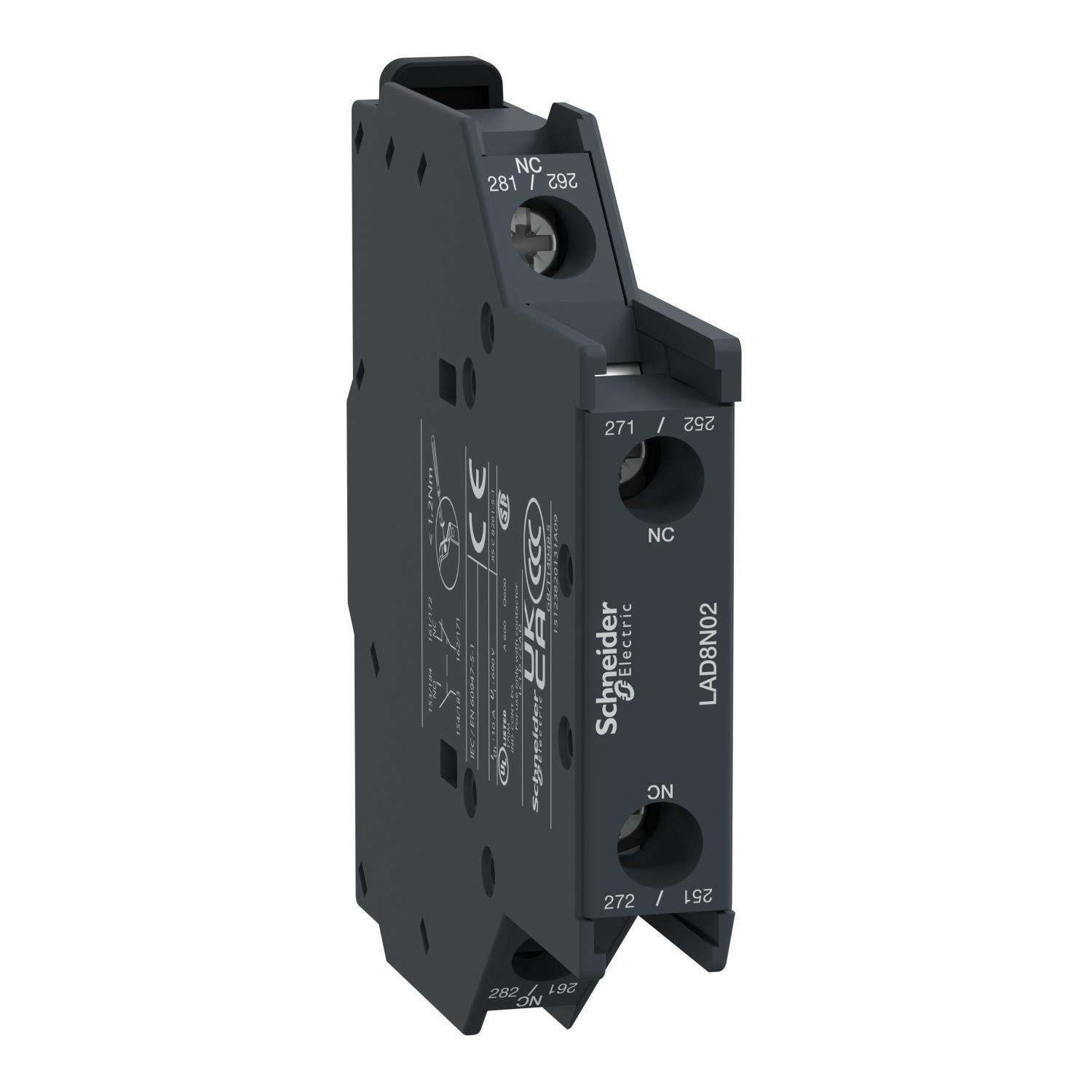 LAD8N02 - Auxiliary contact block, TeSys Deca, 2NC, side mounting, screw clamp terminals