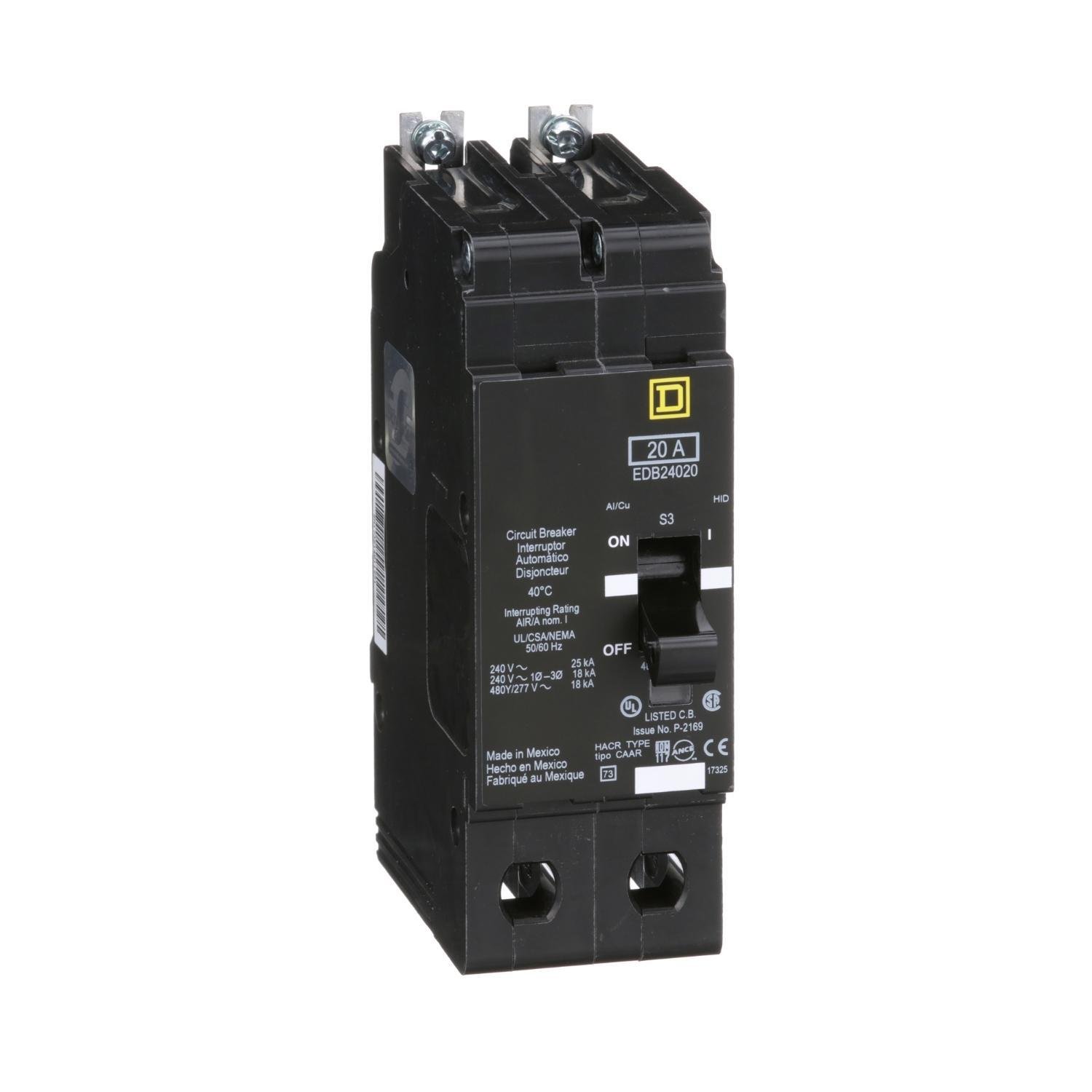 EDB24020 - [TAA] Mini circuit breaker, E-Frame, 20A, 2 pole, 480Y/277VAC, 25kA max, bolt on